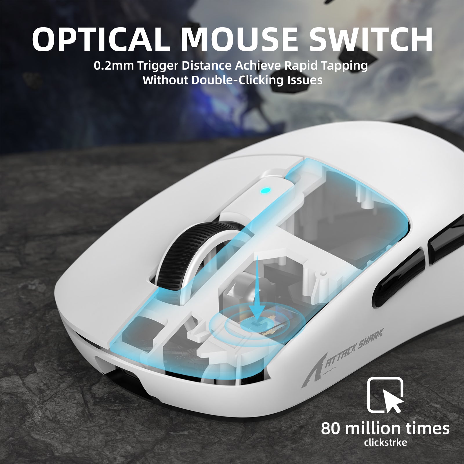 Attack Shark R6PRO optical mouse switch with 0.2mm trigger and 80 million clicks durability.