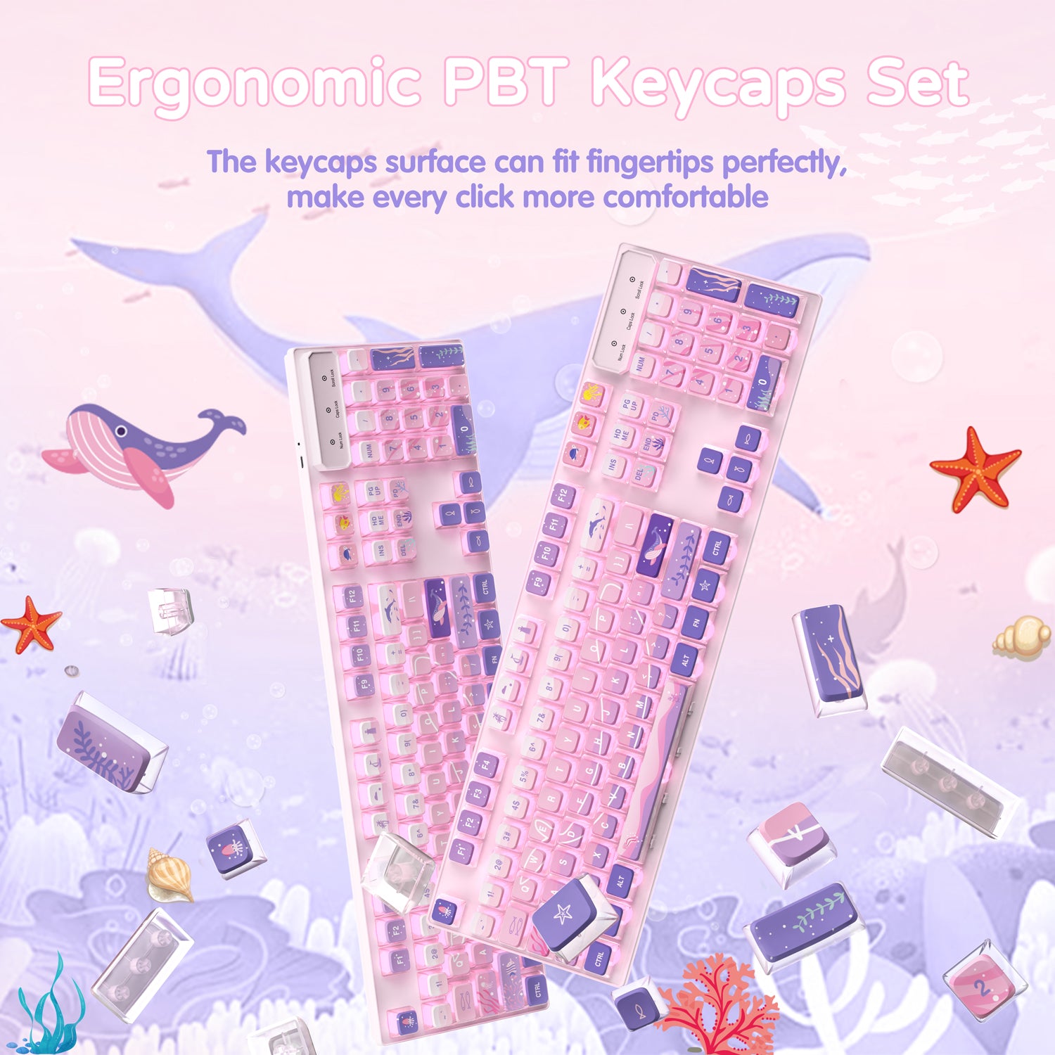 Ergonomic pink PBT keycaps set with ocean-themed designs for comfortable typing.