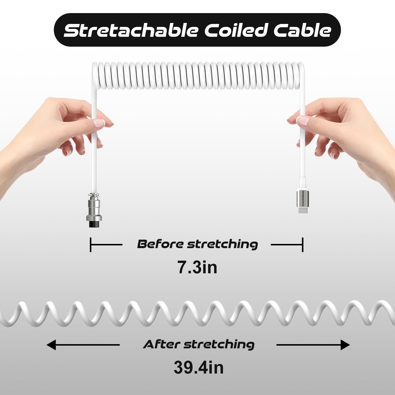 Stretchable coiled USB cable showing sizes 7.3in and 39.4in when stretched.