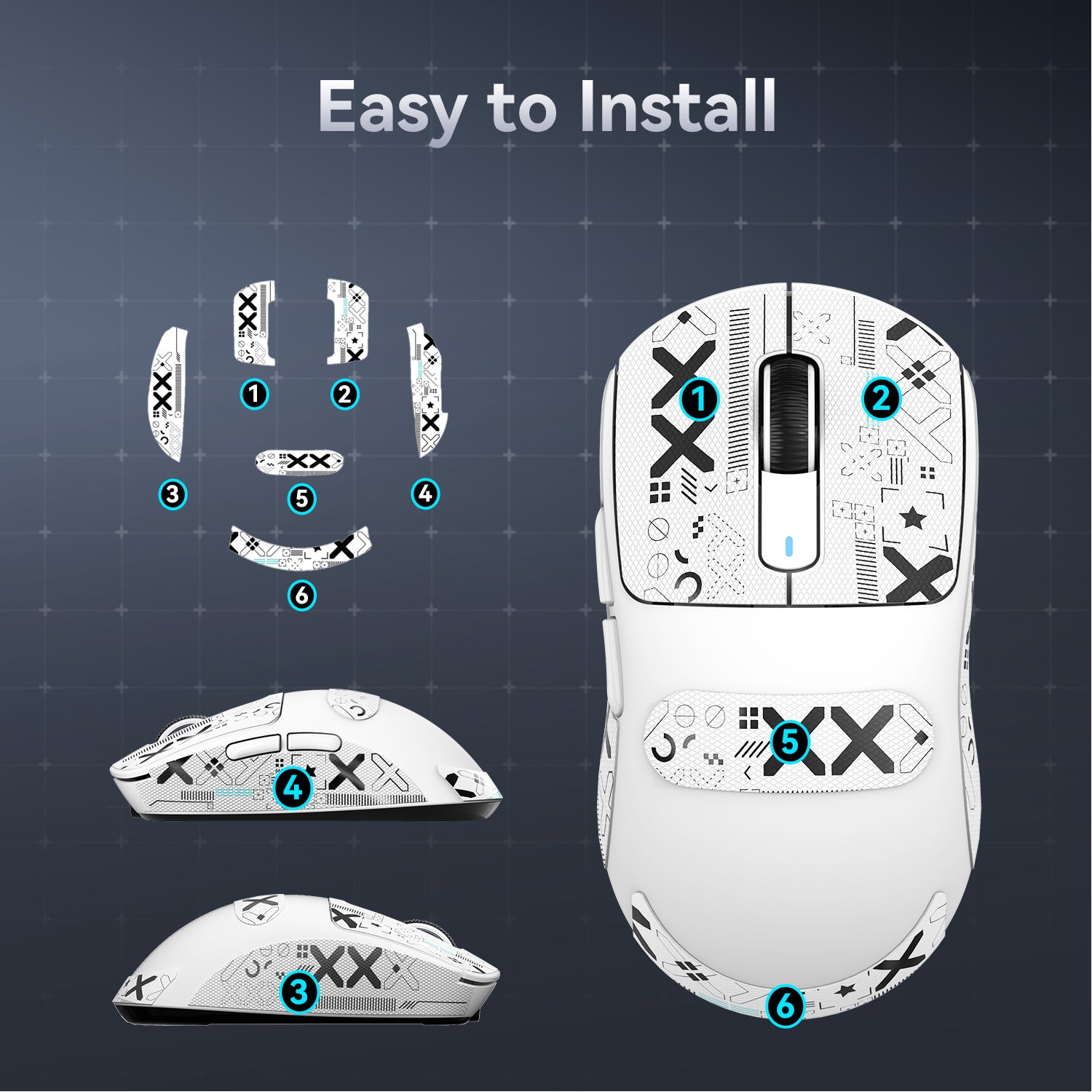 Installation guide for X3/X3pro grip tape on a white gaming mouse.