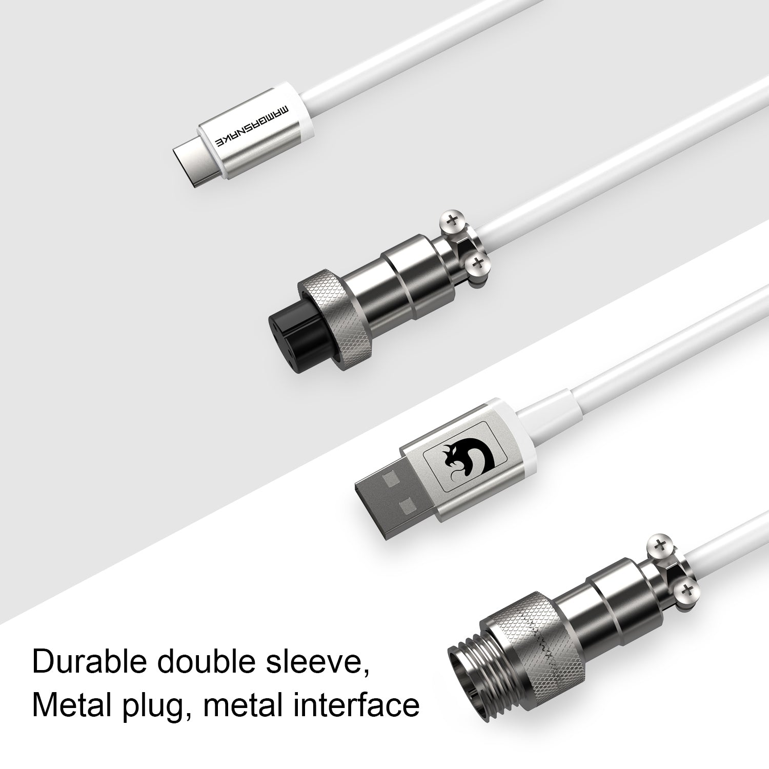 Durable coiled USB-C keyboard cable with metal aviator connector and USB-A end.