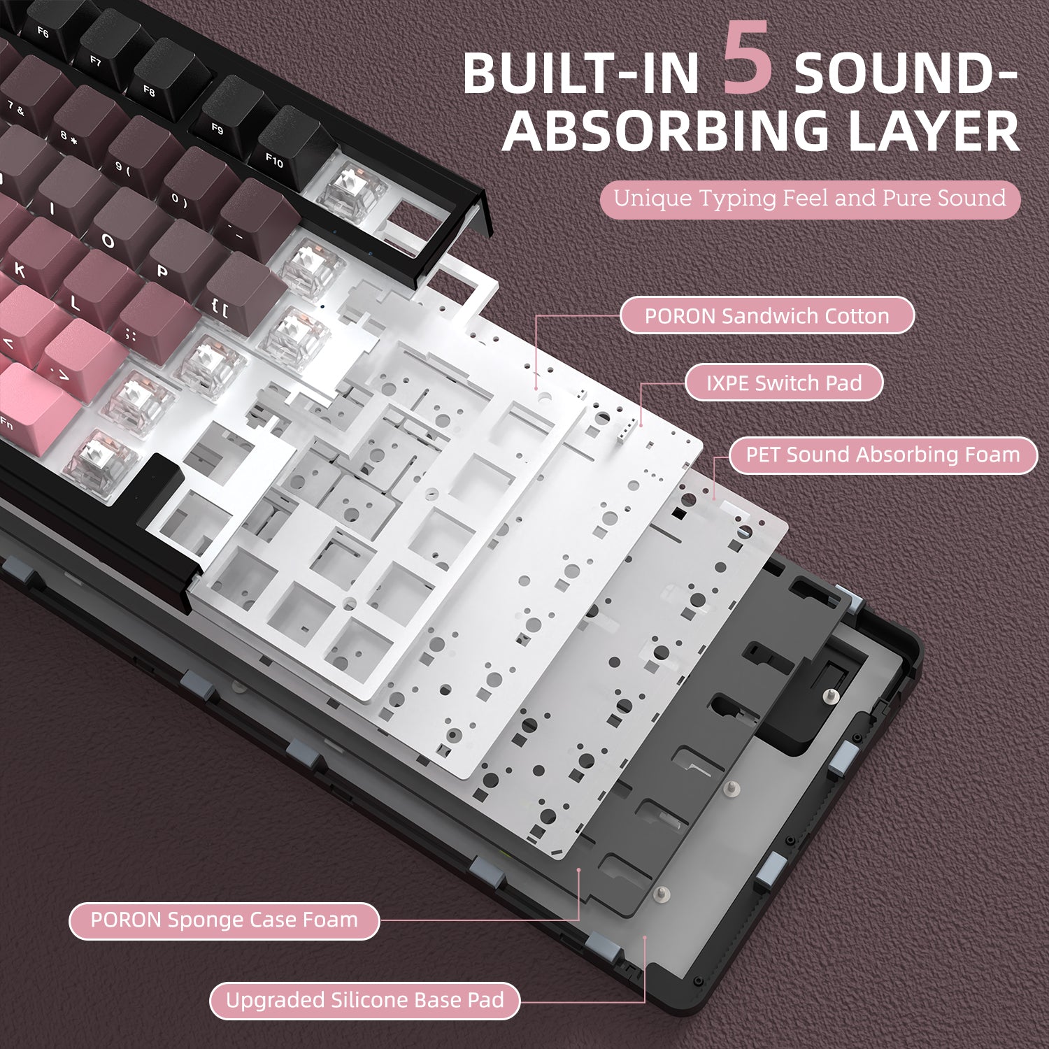 Attack Shark X85 keyboard showcasing sound-absorbing layers for quiet performance.