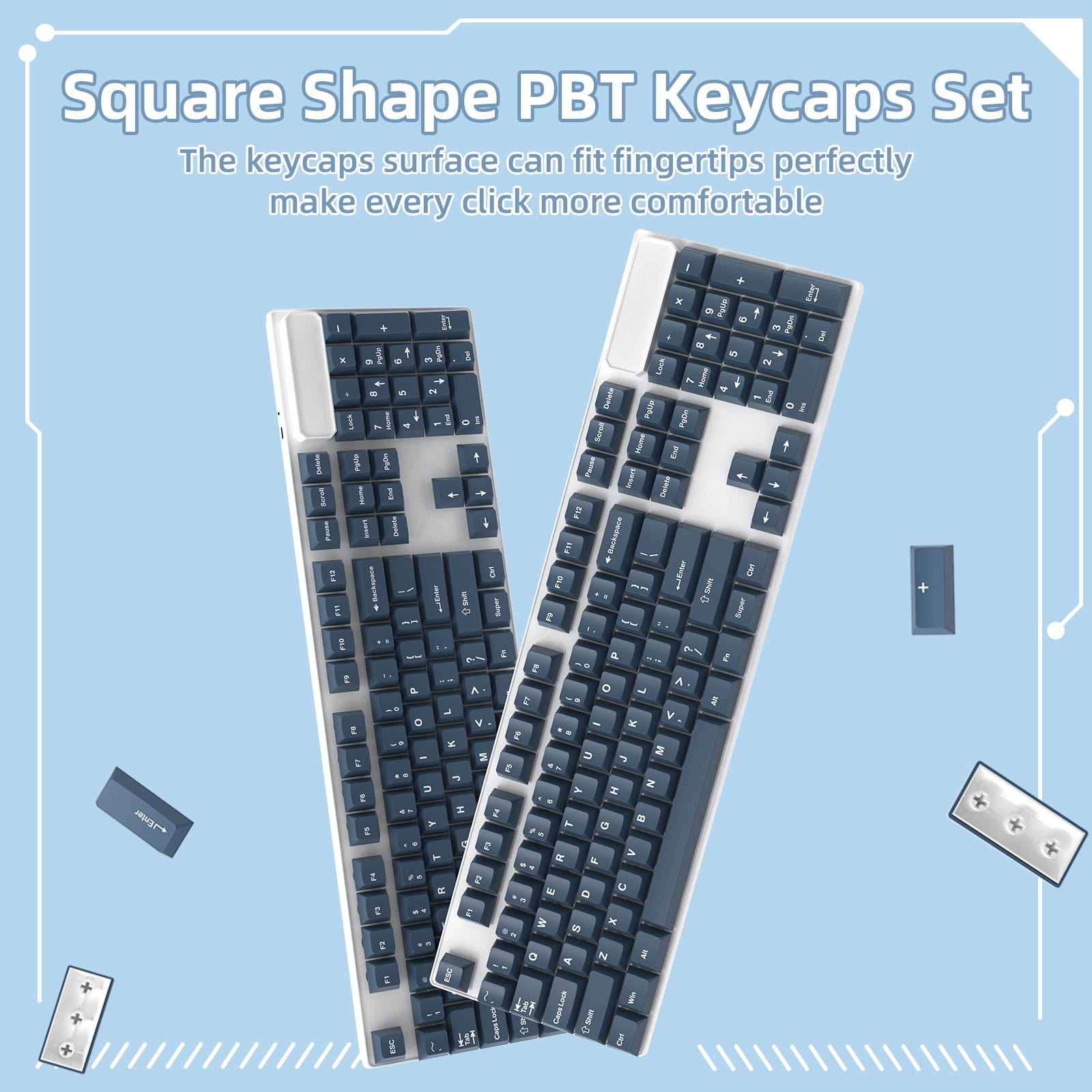 Square PBT keycap set designed for comfort and fingertip fit on mechanical keyboards.