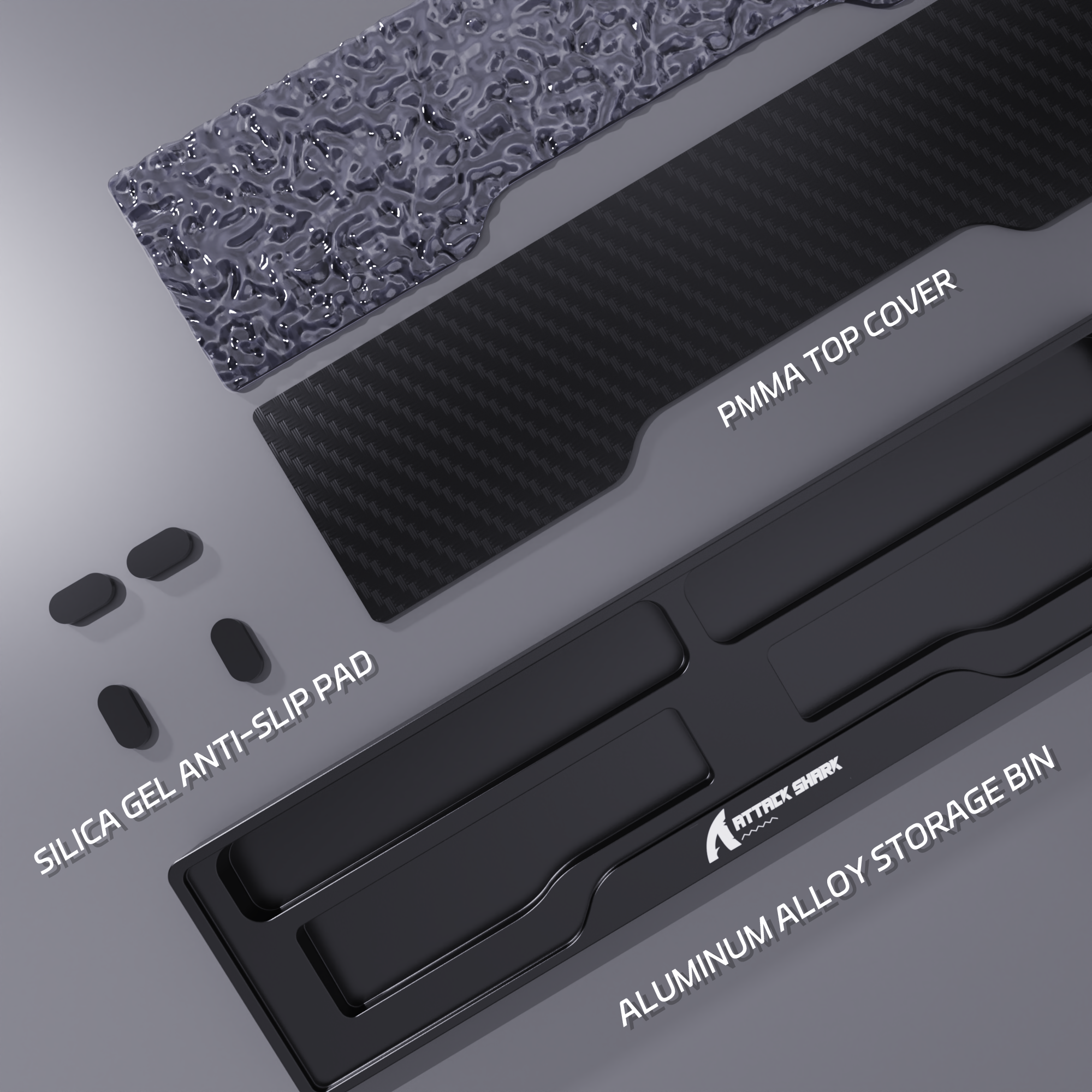 Attack Shark aluminum alloy wrist rest components with silicone pads and acrylic covers.