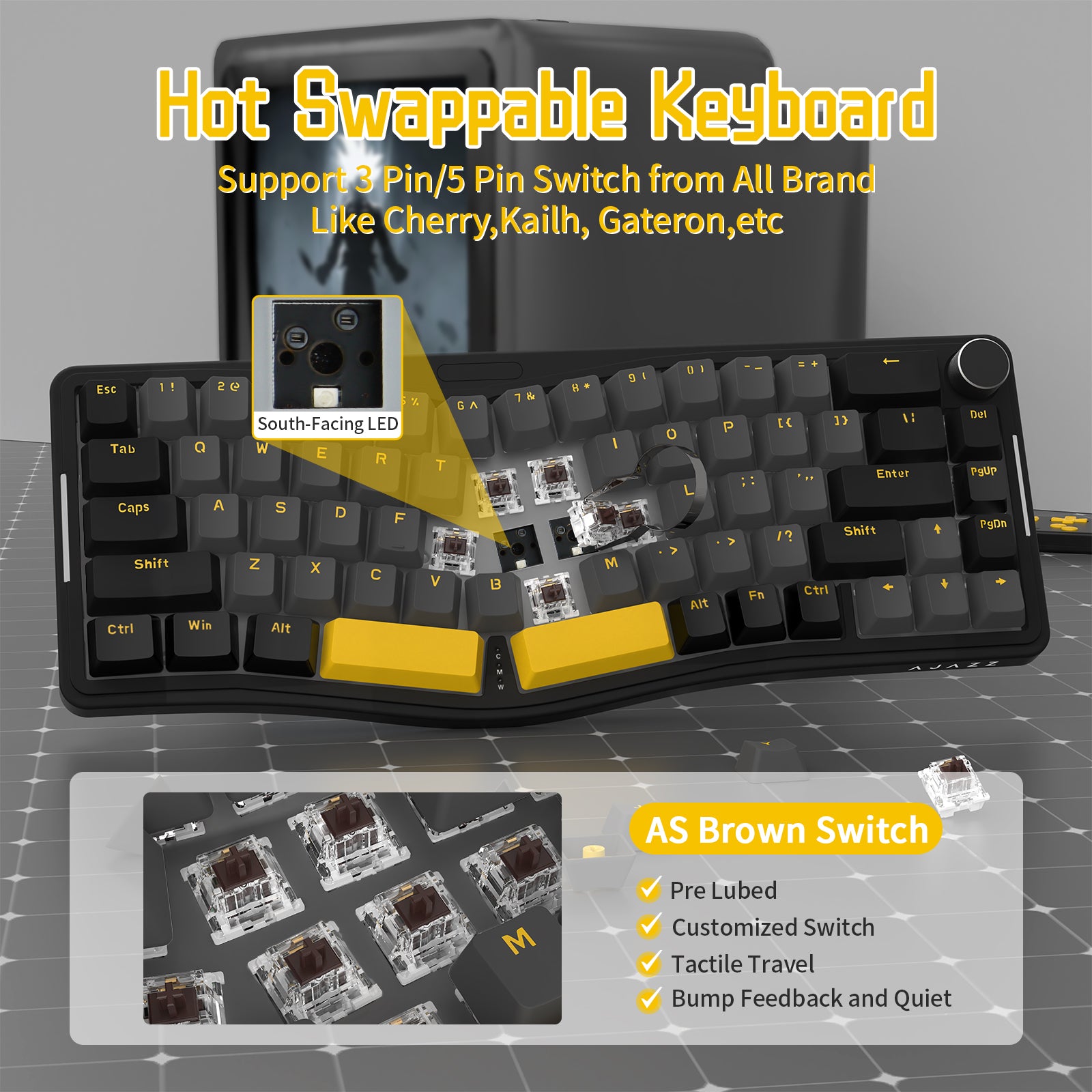 AKS068 Alice Mechanical Keyboard highlighting hot-swappable feature and AS Brown switches.