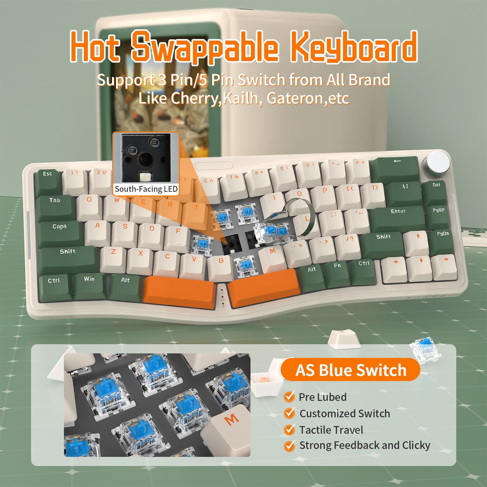 AKS068 Alice Mechanical Keyboard with hot-swappable AS Blue switches and south-facing LED.