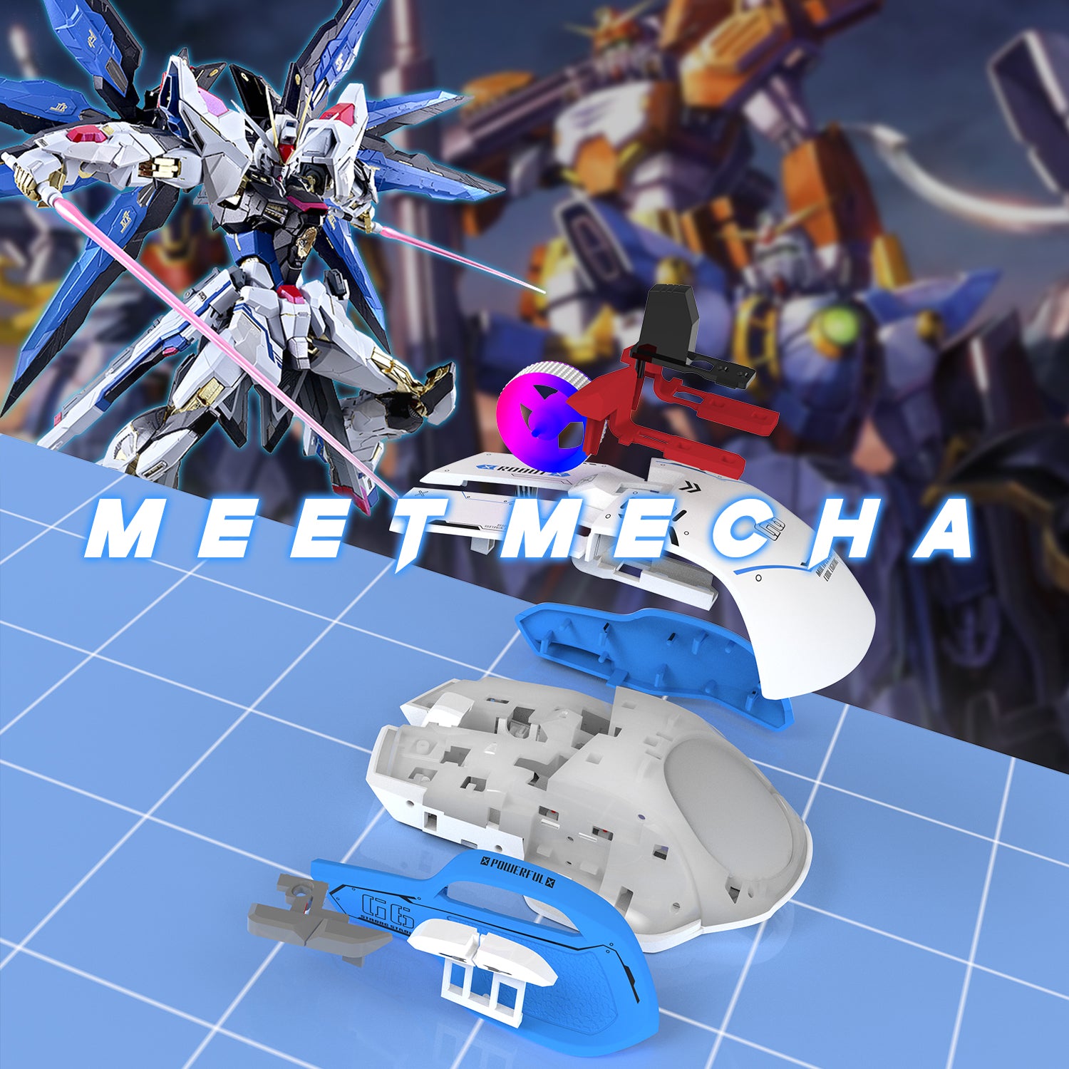 Attack Shark G6 gaming mouse disassembled, promoting 'MEET MECHA' with mech figure.