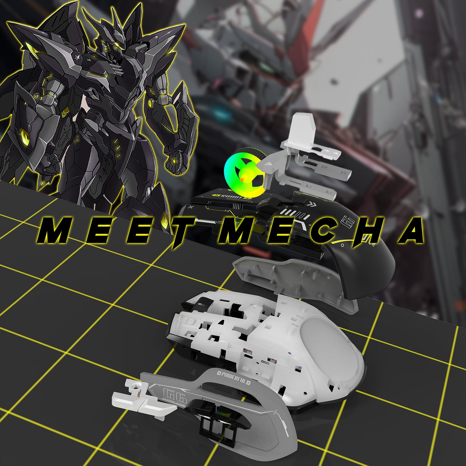 G6 Tri-mode gaming mouse in black and yellow with 'MEET MECHA' text and robotic figure.