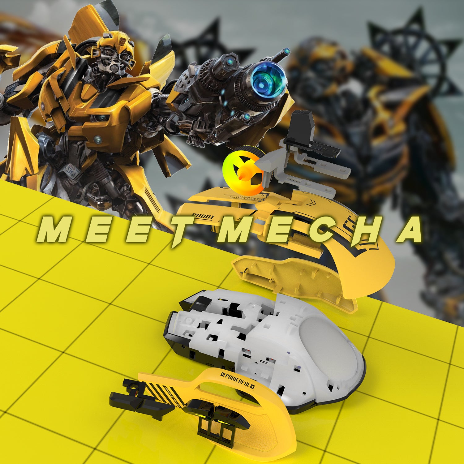 Yellow Attack Shark G6 gaming mouse with mech design and robot figure background.