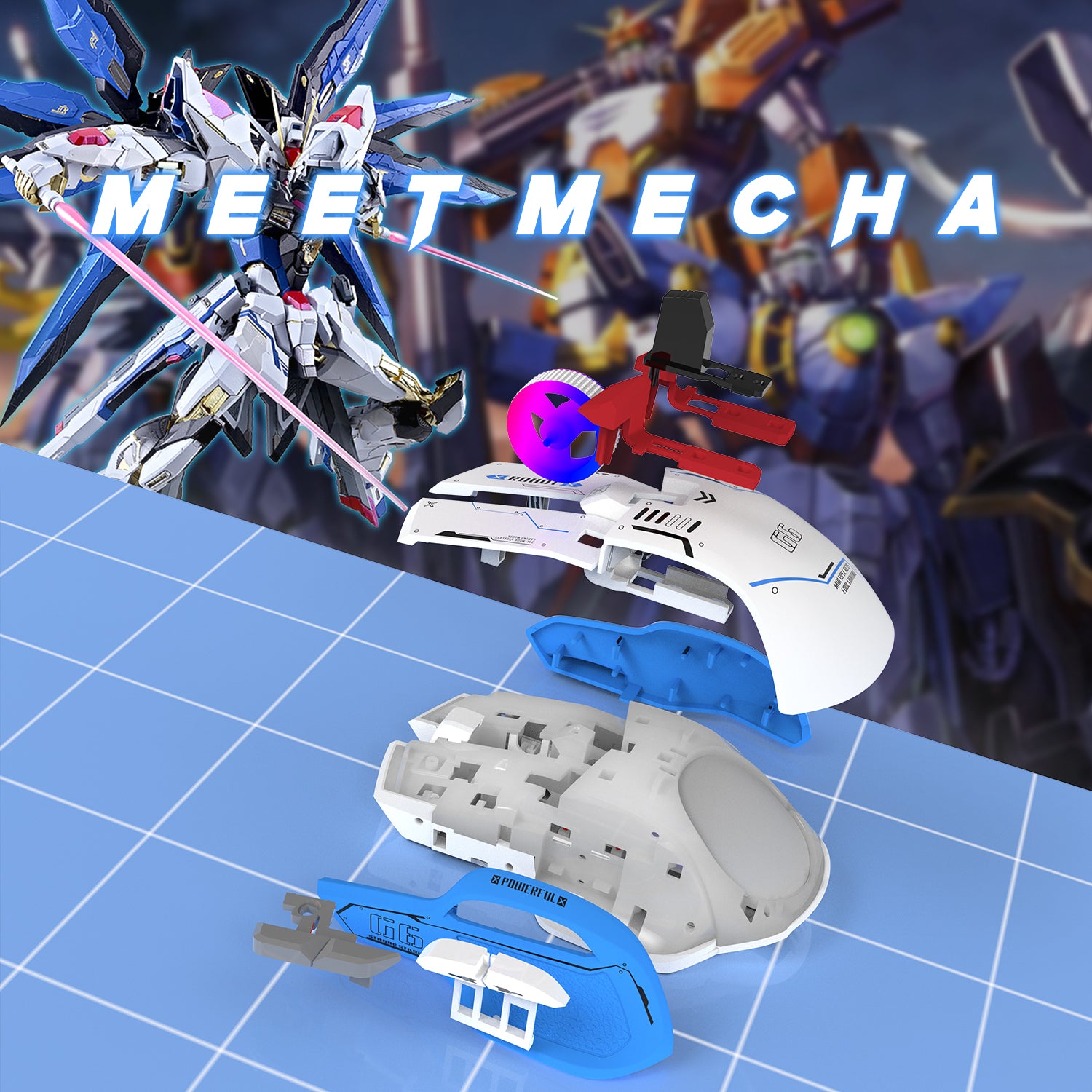 Disassembled Attack Shark G6 gaming mouse parts on blue grid with MEET MECHA text.