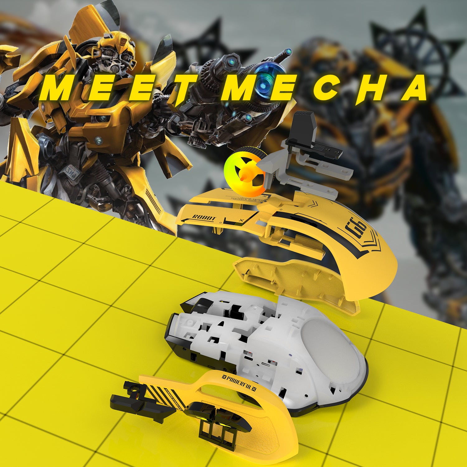 Yellow Attack Shark G6 gaming mouse with mech design and 'MEET MECHA' background.