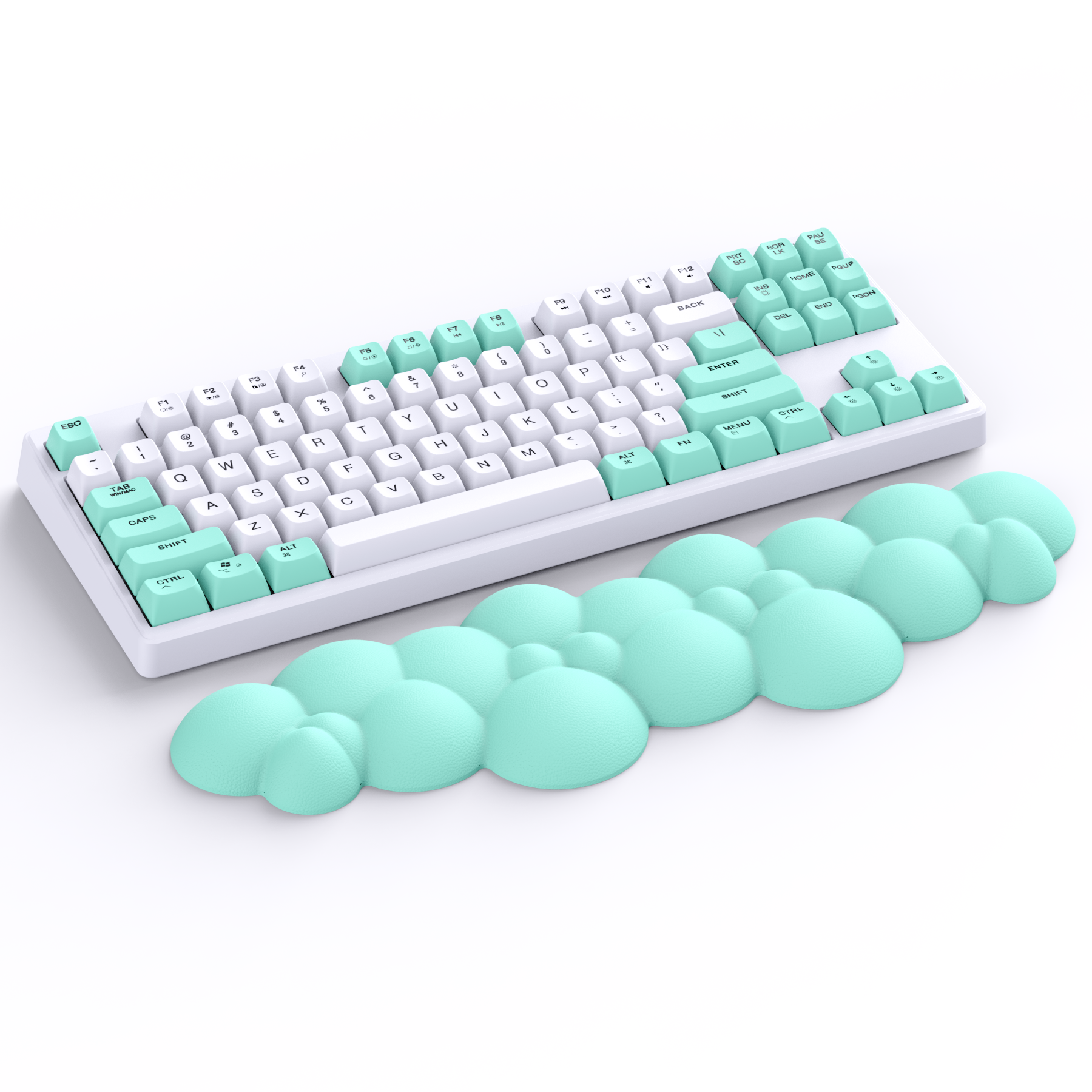 Cloud-shaped ergonomic wrist rest in mint green beside a white keyboard.