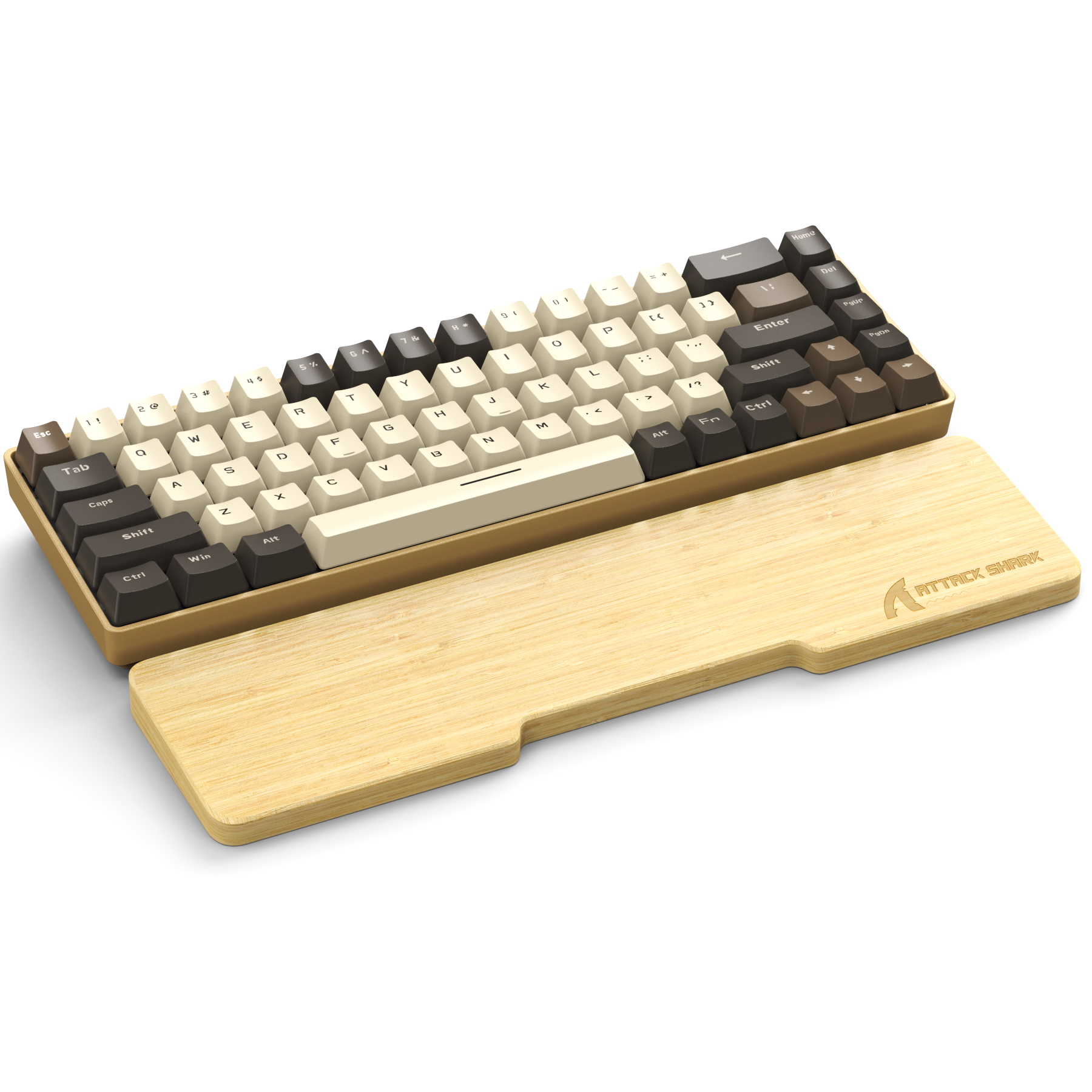 Bamboo wrist rest with compact keyboard featuring creamy beige and dark brown keys.