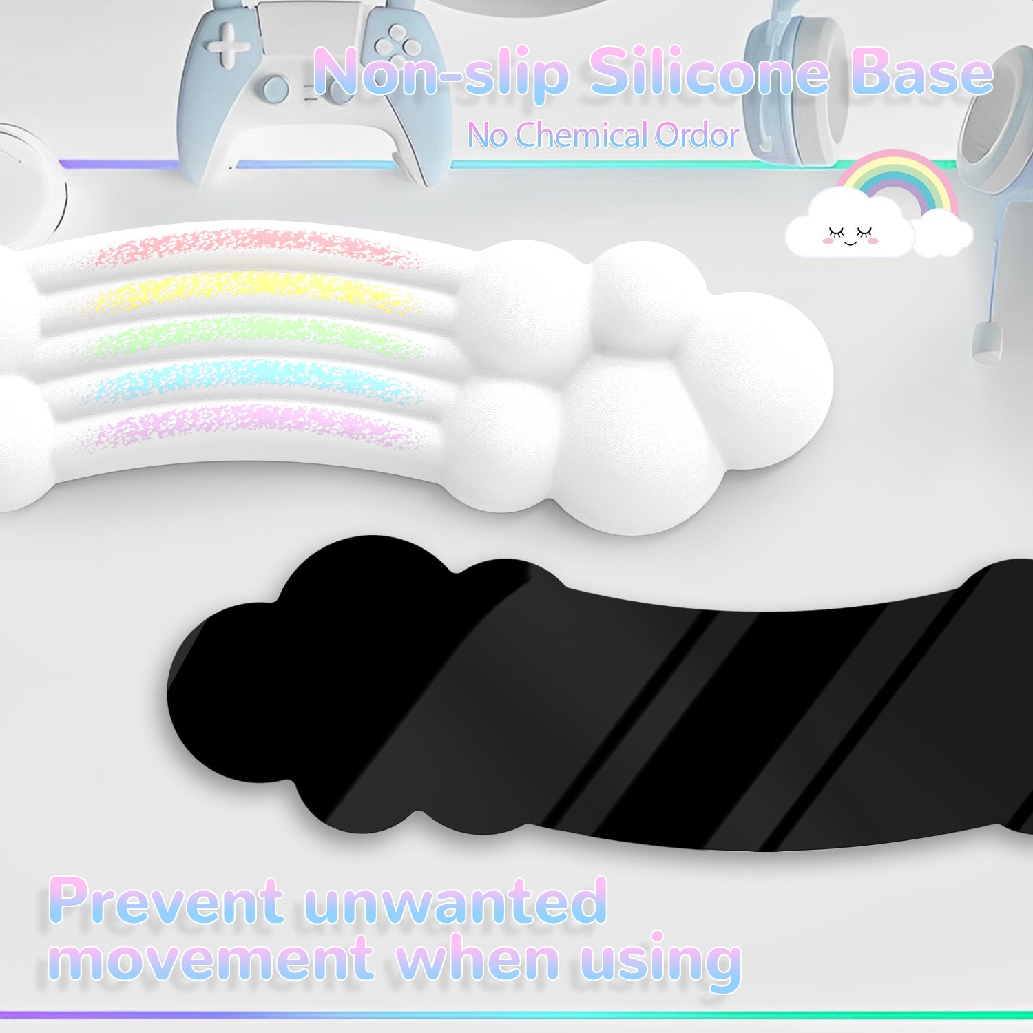 Rainbow cloud wrist rest with non-slip silicone base for stable usage.