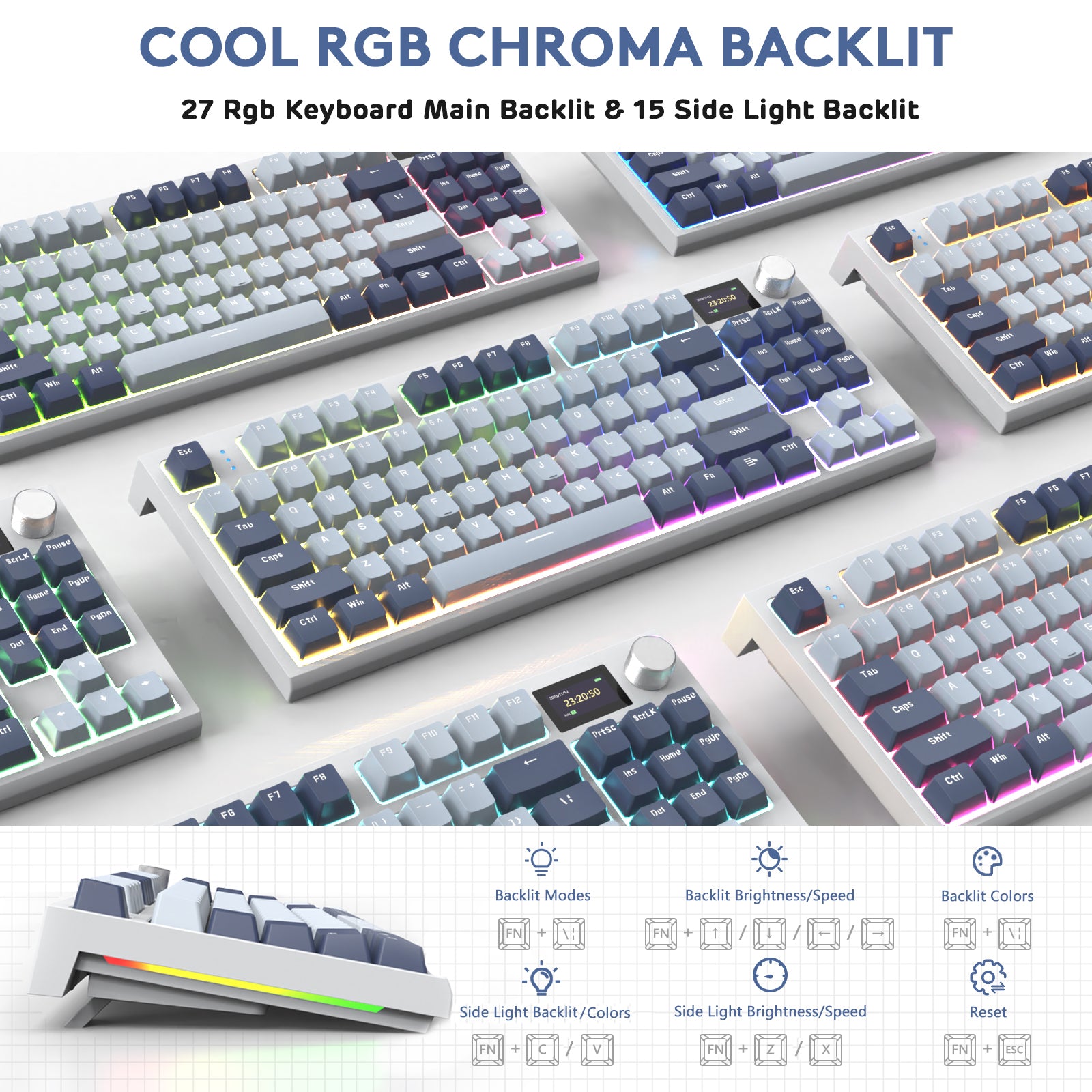 Attack Shark K86PRO keyboard displaying 27 RGB backlit colors and 15 side light options.