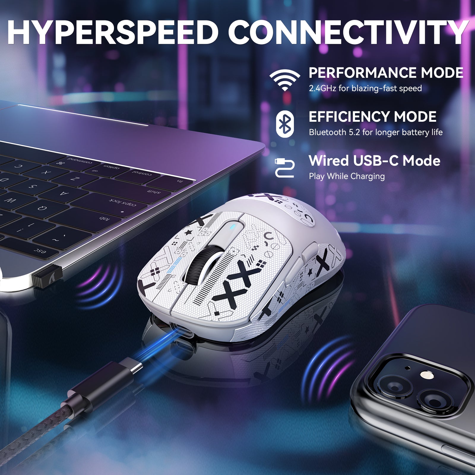 X3MAX gaming mouse showcasing HYPERSPEED connectivity options: Bluetooth, USB-C, and 2.4GHz.