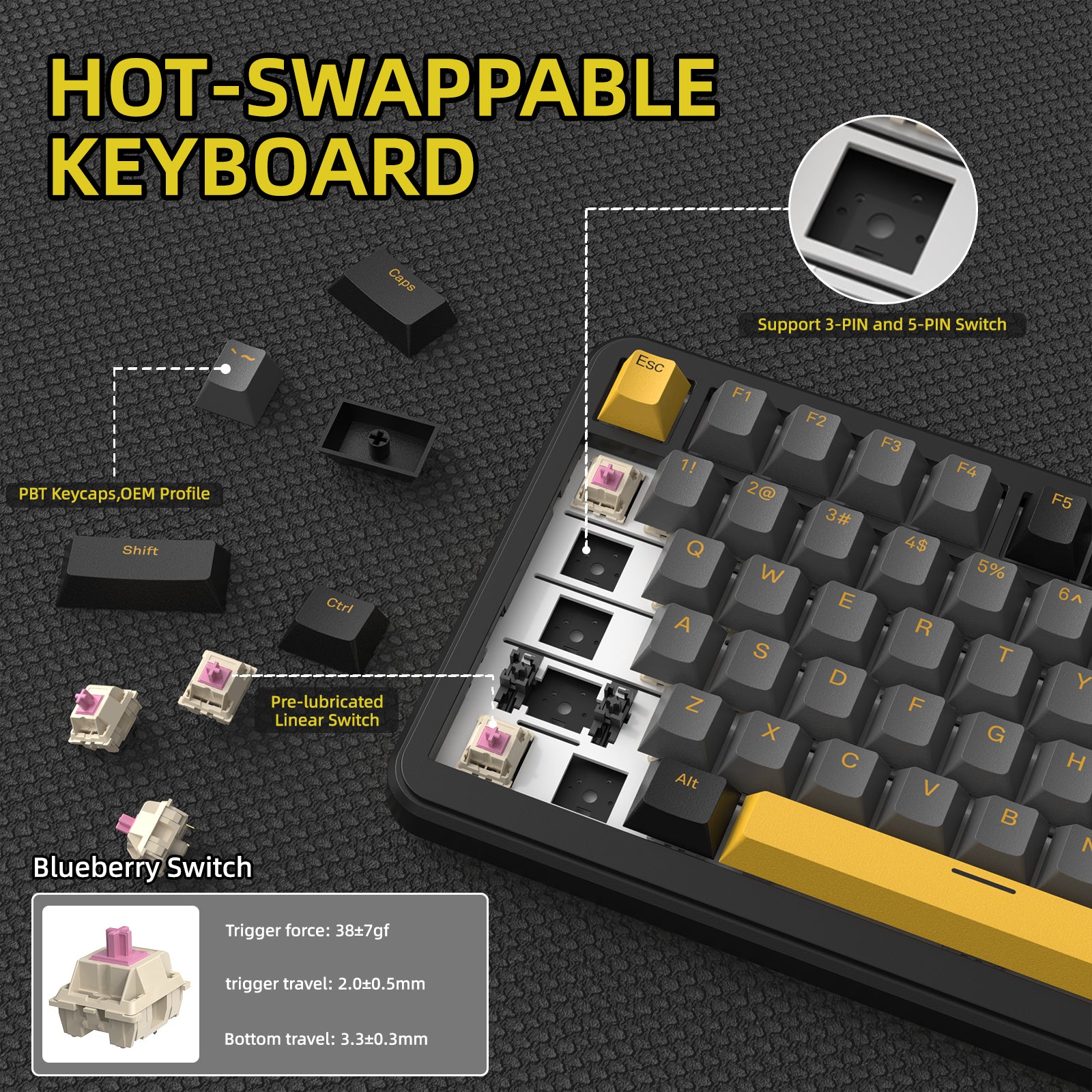 Close-up of ATTACK SHARK X85PRO keyboard showcasing hot-swappable Blueberry switches.