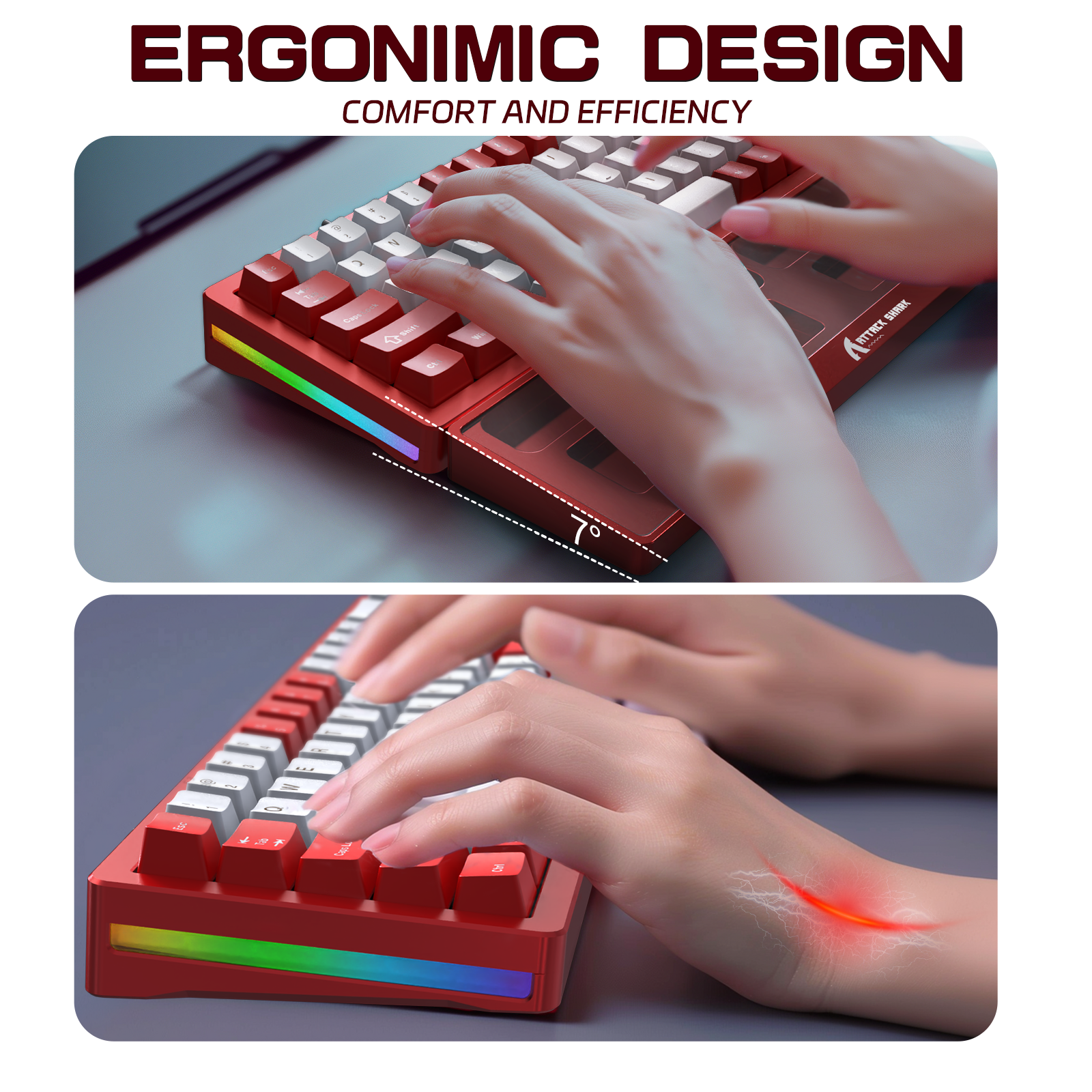 Hands typing on red ergonomic mechanical keyboard showcasing comfort design.