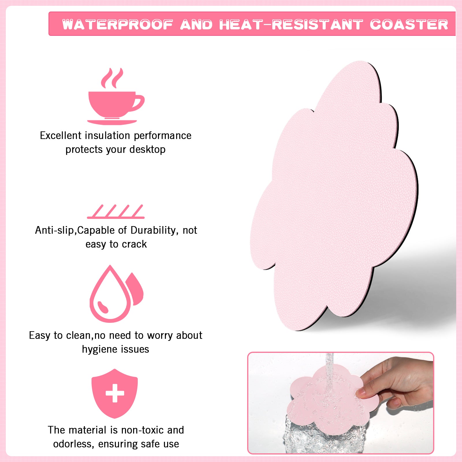 Pink cloud-shaped coaster with waterproof, heat-resistant, and anti-slip features.