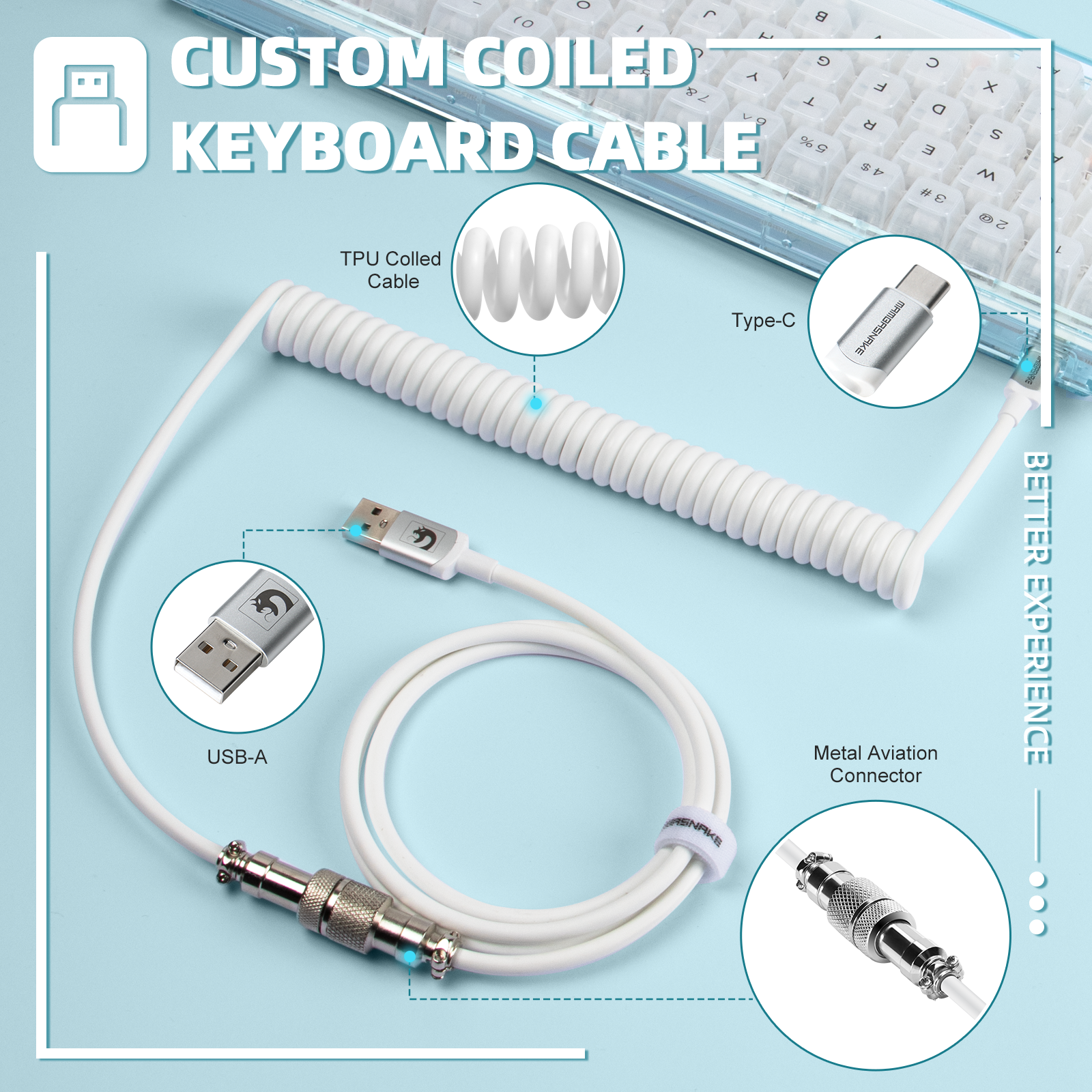 Custom TPU coiled USB-C keyboard cable with metal aviation connector for gaming peripherals.