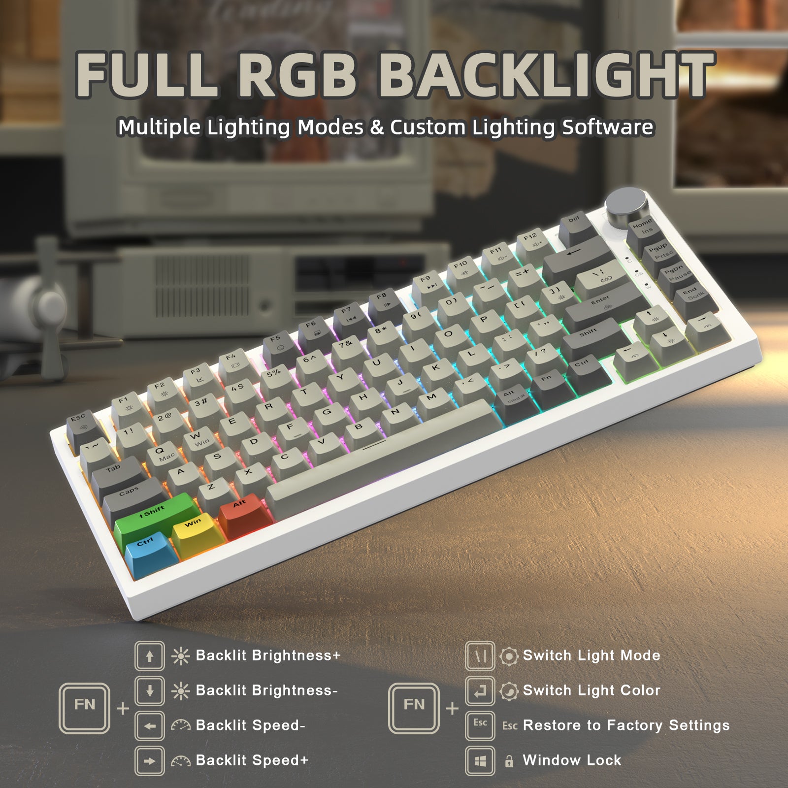 K85 keyboard with full RGB backlight and customizable lighting modes on a computer desk.