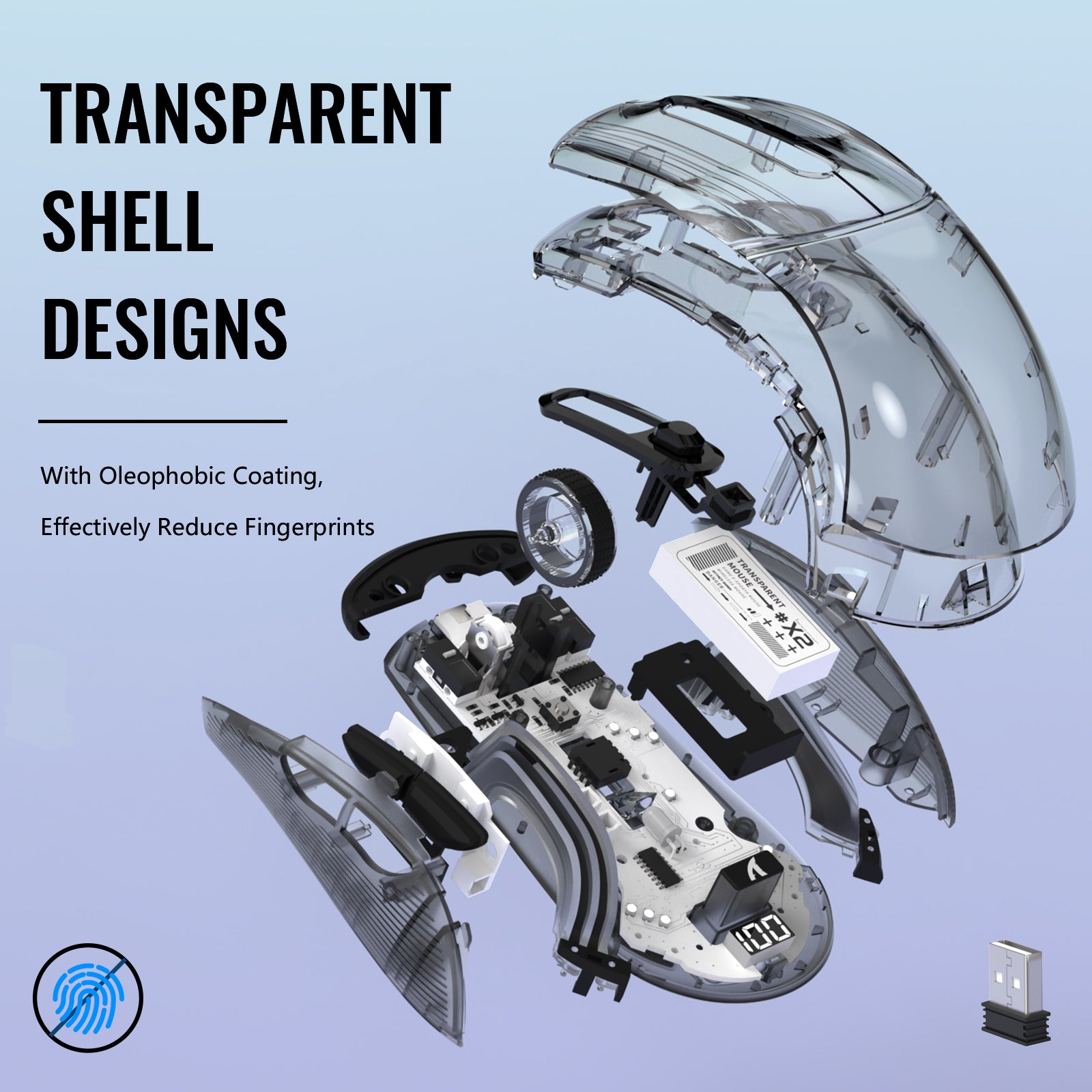 Exploded view of X2PRO wireless mouse showing transparent shell design and components.