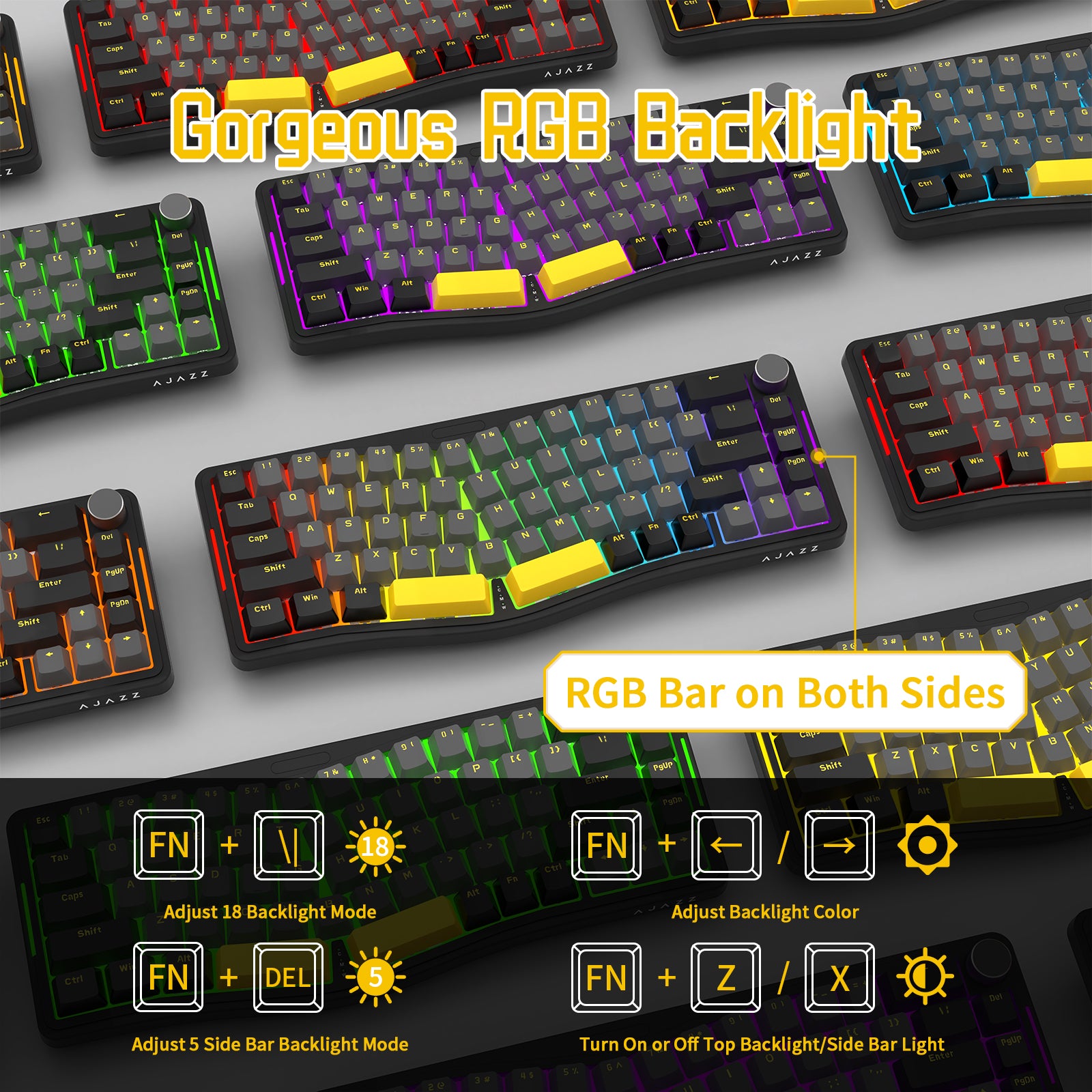 AKS068 Alice Mechanical Keyboard with vibrant RGB backlight and side lighting controls.