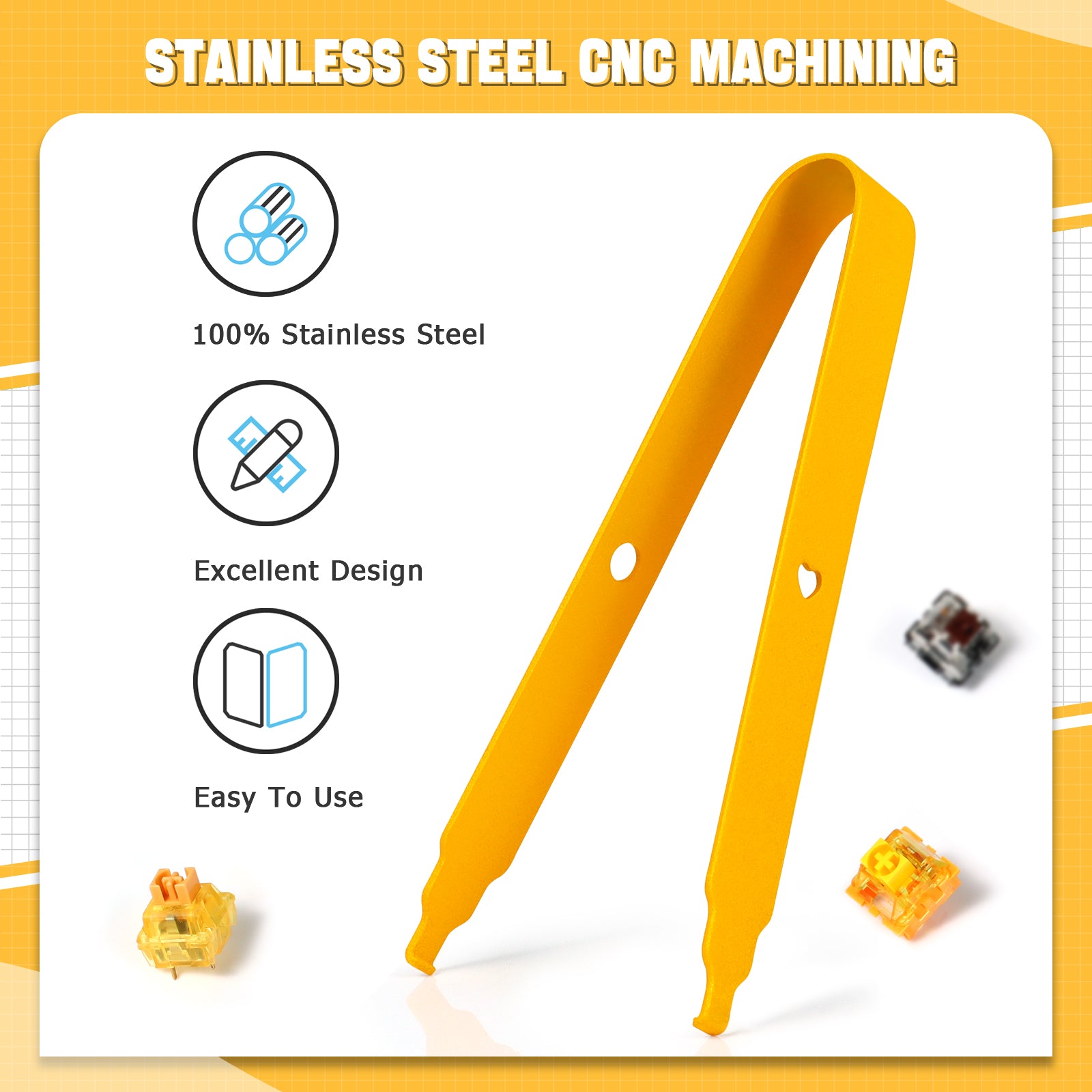 Yellow stainless steel switch puller for mechanical keyboards with easy-to-use design.