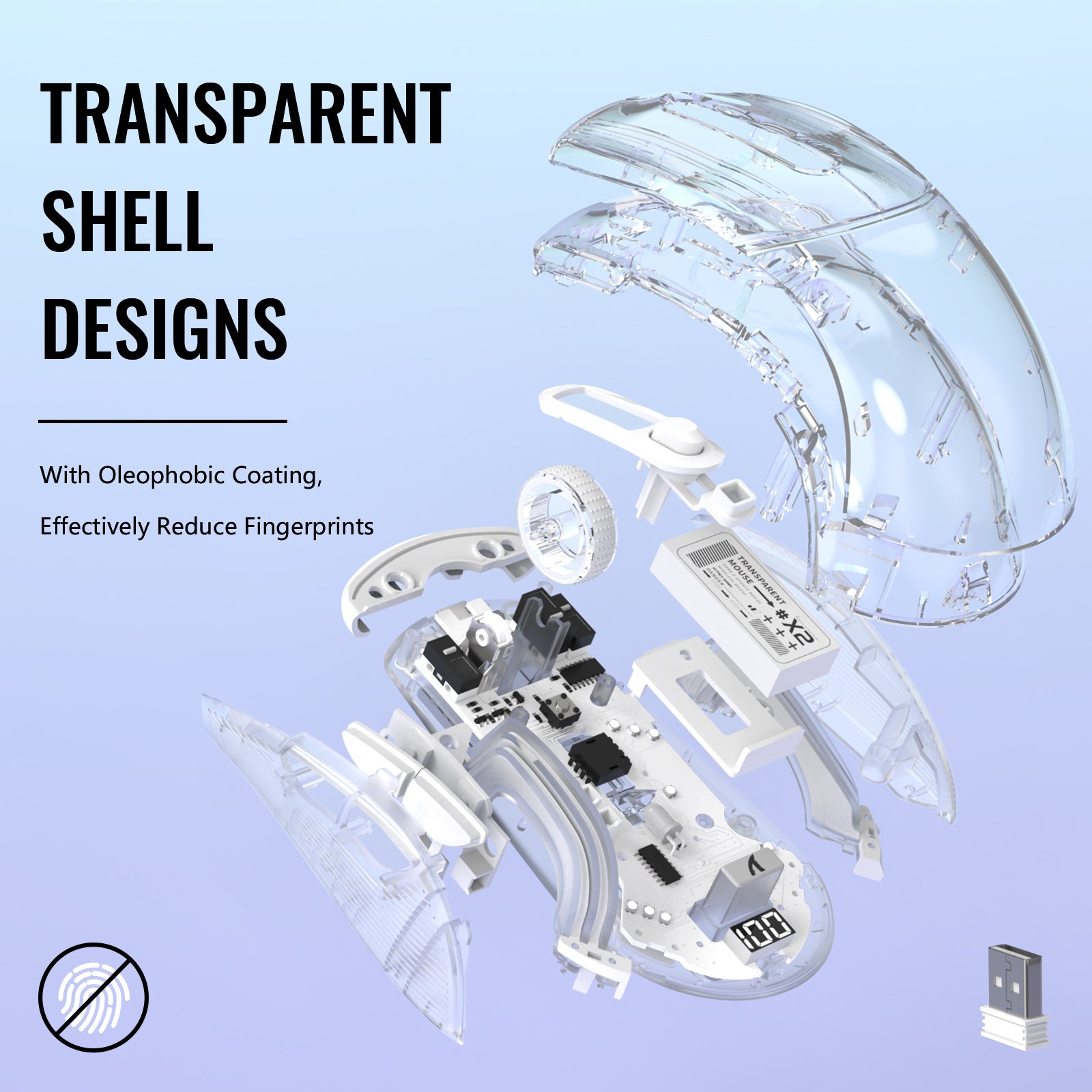 X2PRO wireless gaming mouse exploded view with transparent shell and components.