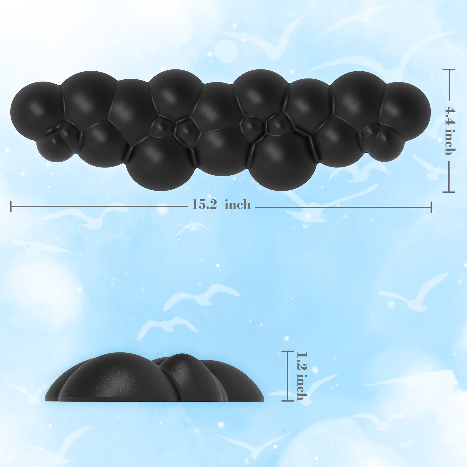 Cloud-shaped black wrist rest with ergonomic grooves dimensions 15.2x4.4x1.2 inches.