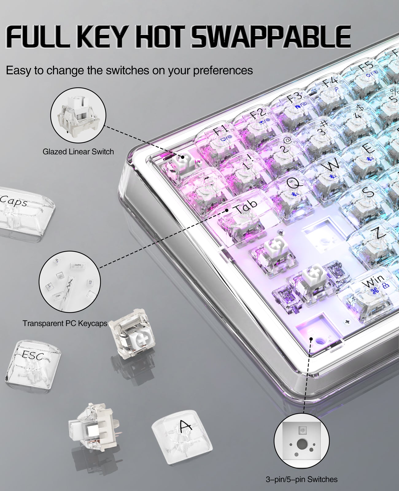 K75 Pro keyboard with hot-swappable glazed linear switches and transparent keycaps.