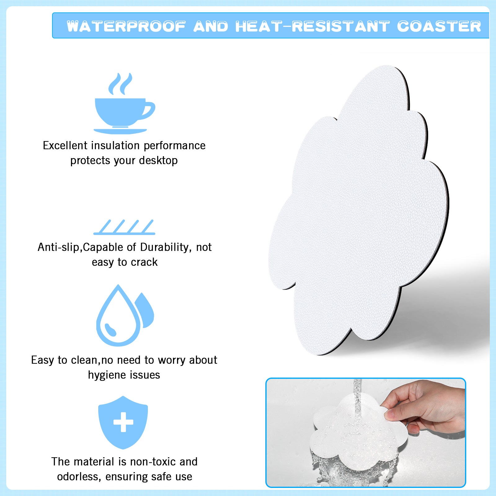 White cloud-shaped coaster highlighting waterproof, heat-resistant, and anti-slip features.