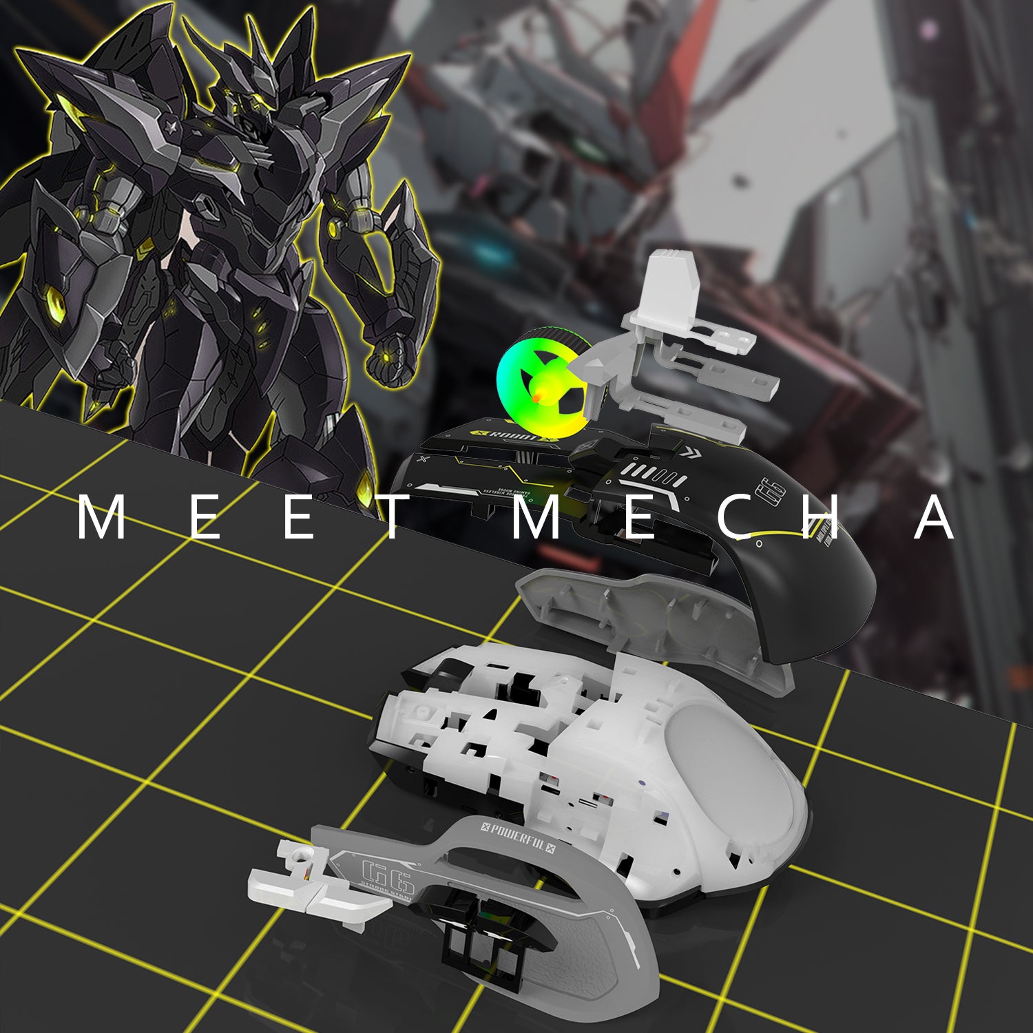 Attack Shark G6 Tri-mode gaming mouse next to 'MEET MECHA' text and robotic figure.