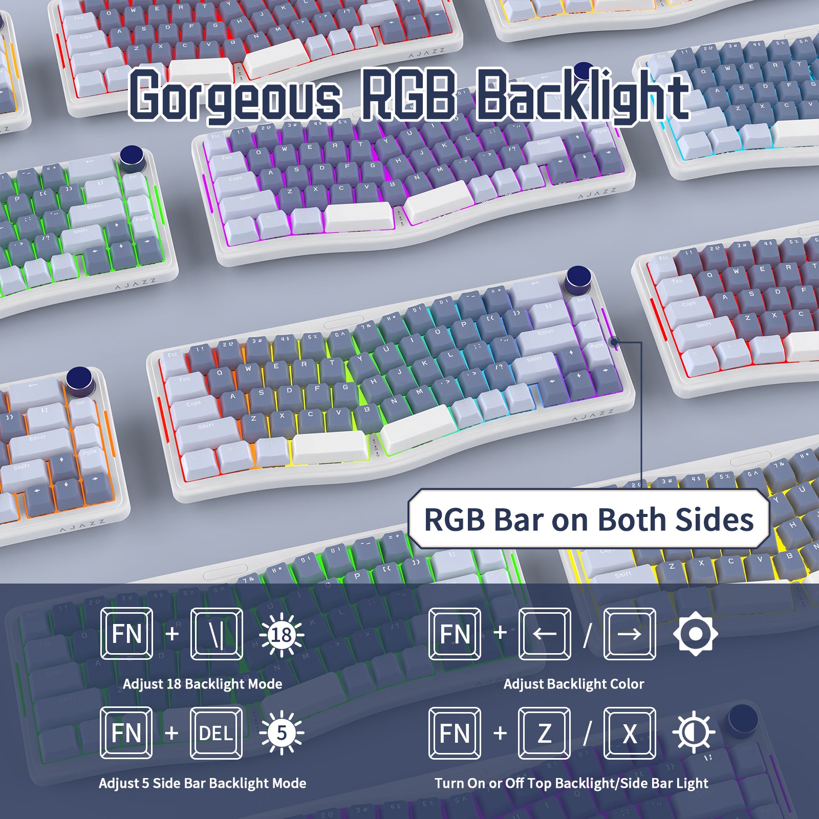 AKS068 Alice Mechanical Keyboard with vibrant RGB backlight and dual-side lighting controls.