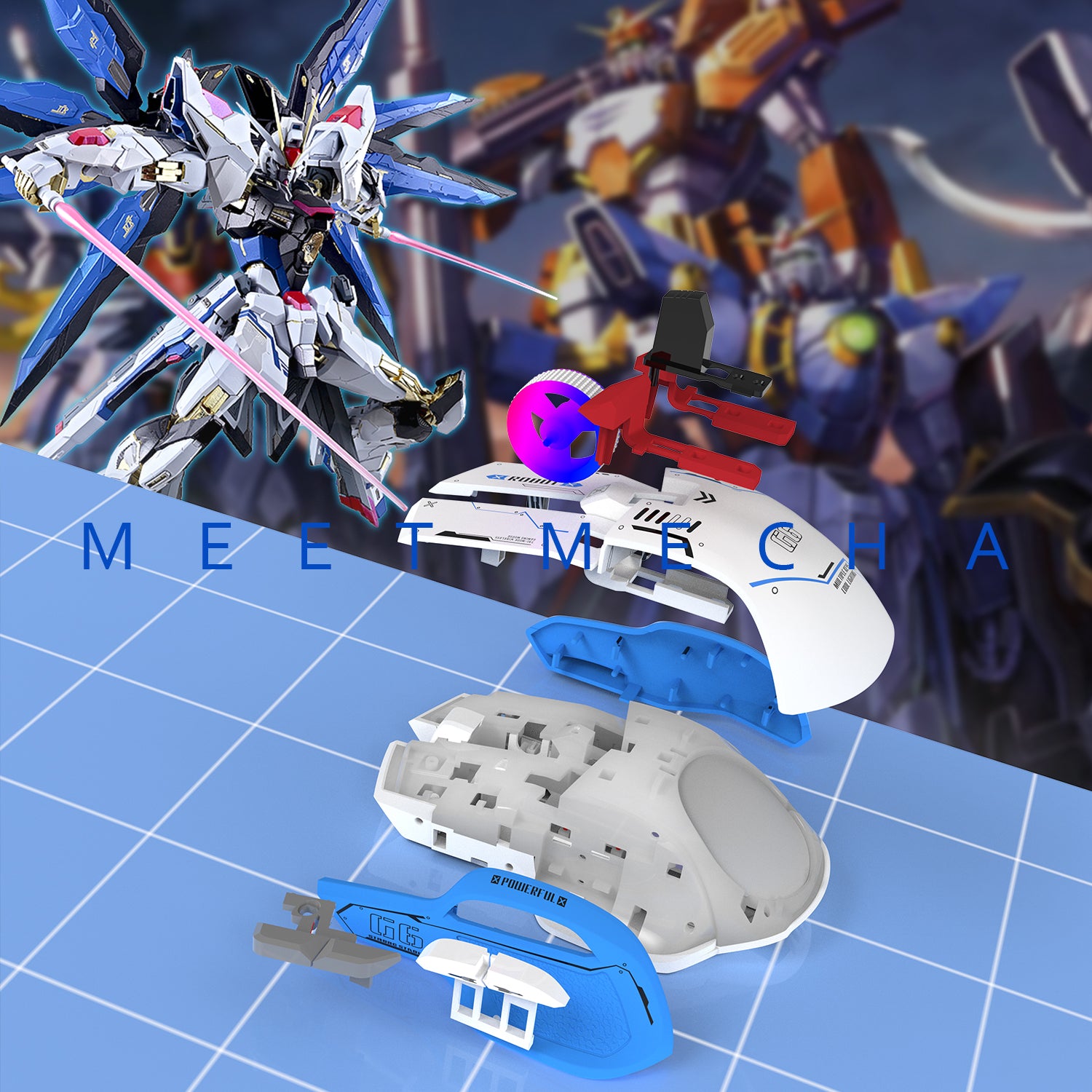 Attack Shark G6 gaming mouse disassembled on blue grid with robot figure and 'MEET MECHA' text.