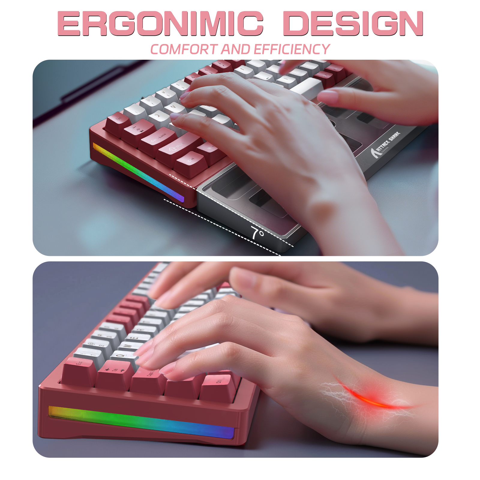 Attack Shark keyboard emphasizing ergonomic design and comfort for efficient typing.