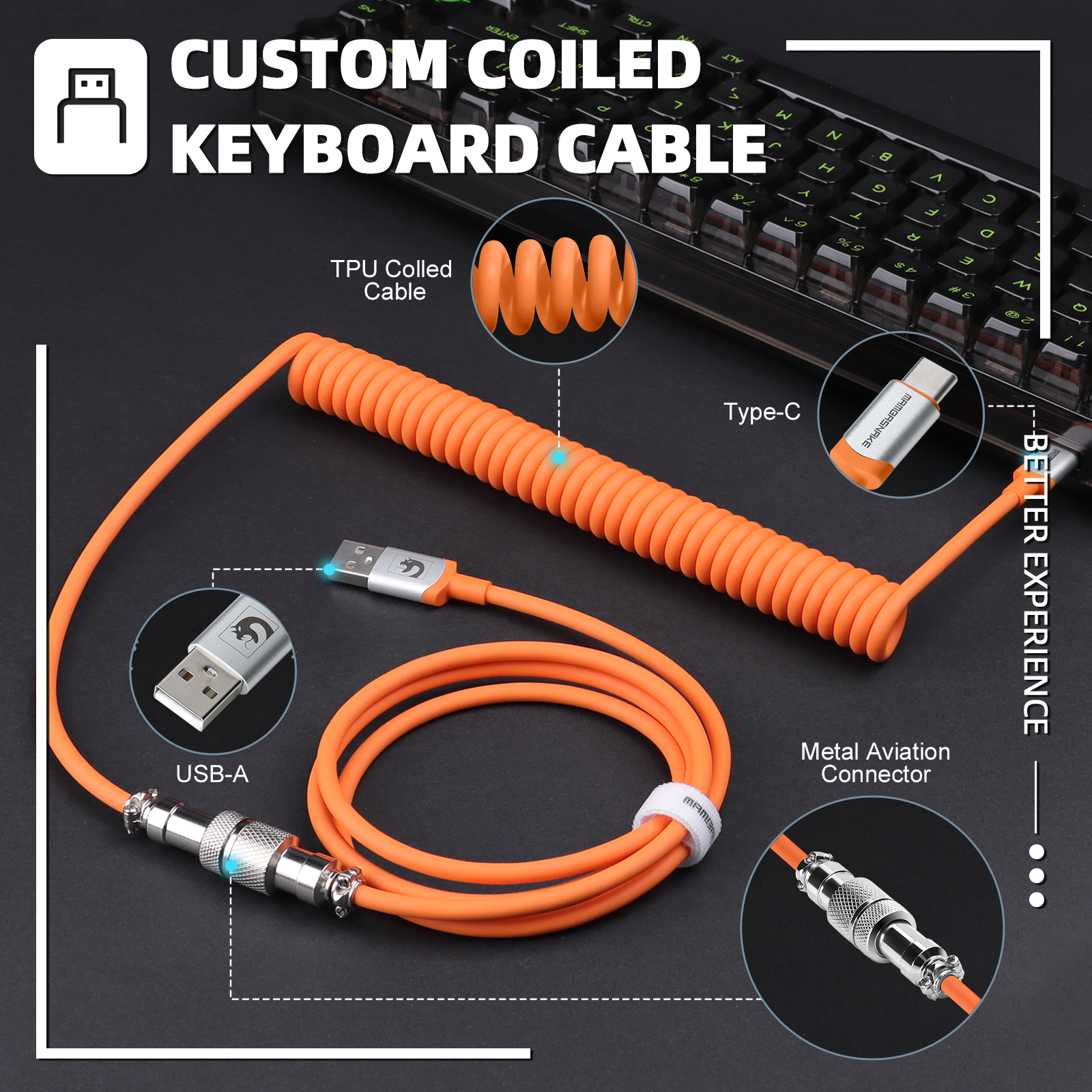 Custom TPU coiled keyboard cable in orange with USB-A, Type-C, and metal aviation connector.