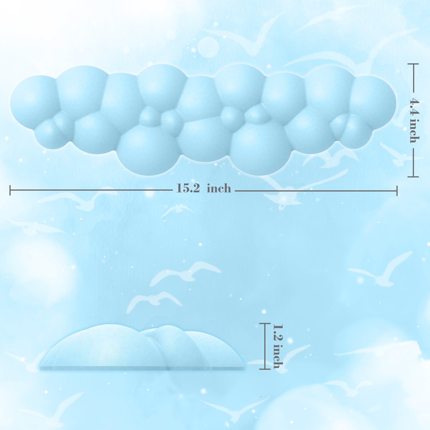 Cloud-shaped wrist rest dimensions of 15.2x4.4x1.2 inches against a blue background.