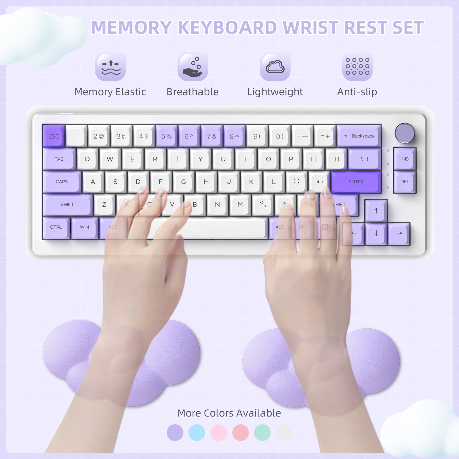 Hands typing on a keyboard with a lavender cloud wrist rest set, showcasing ergonomic design.