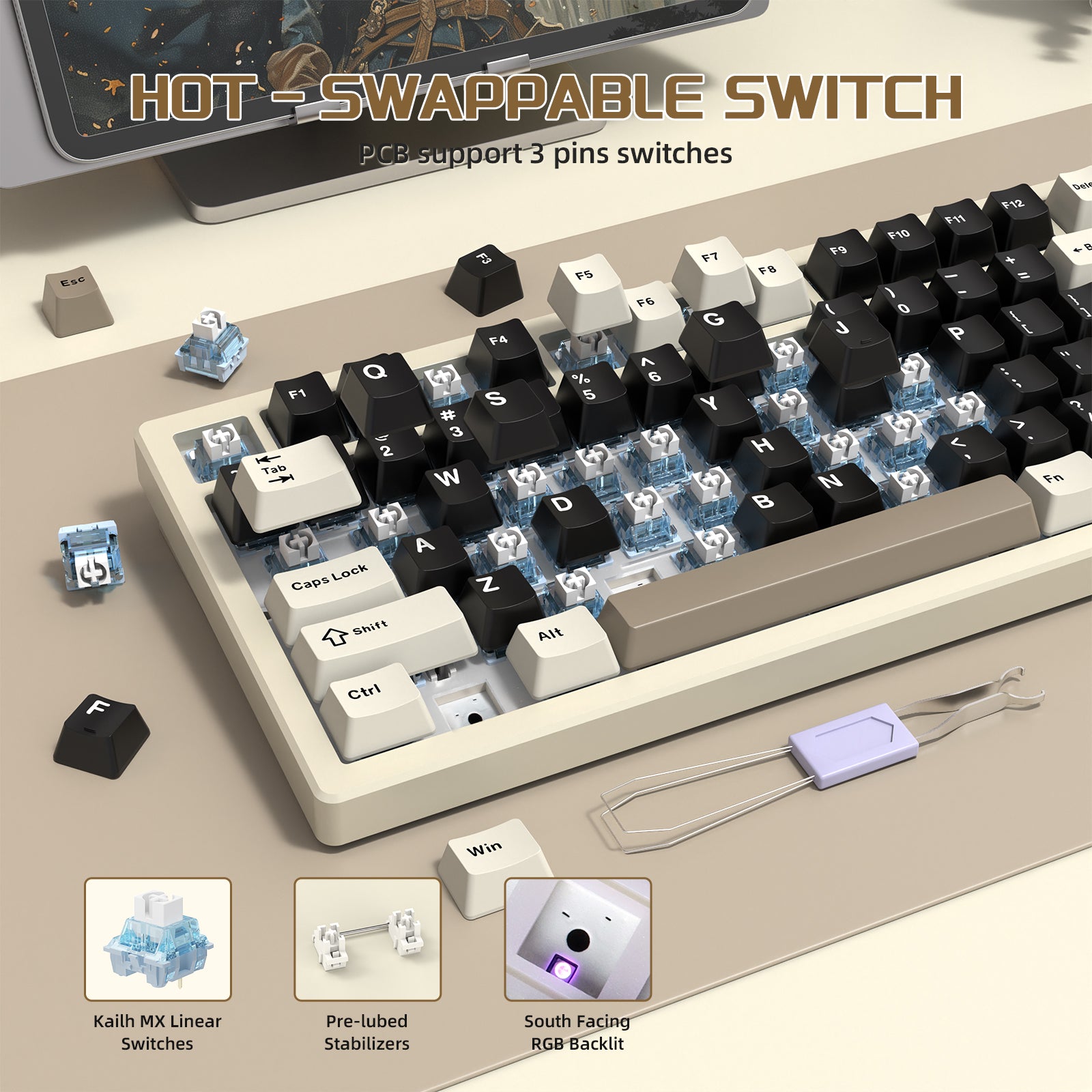 Hot-swappable switches of ATTACK SHARK X75 keyboard with Kalih MX and RGB backlighting.