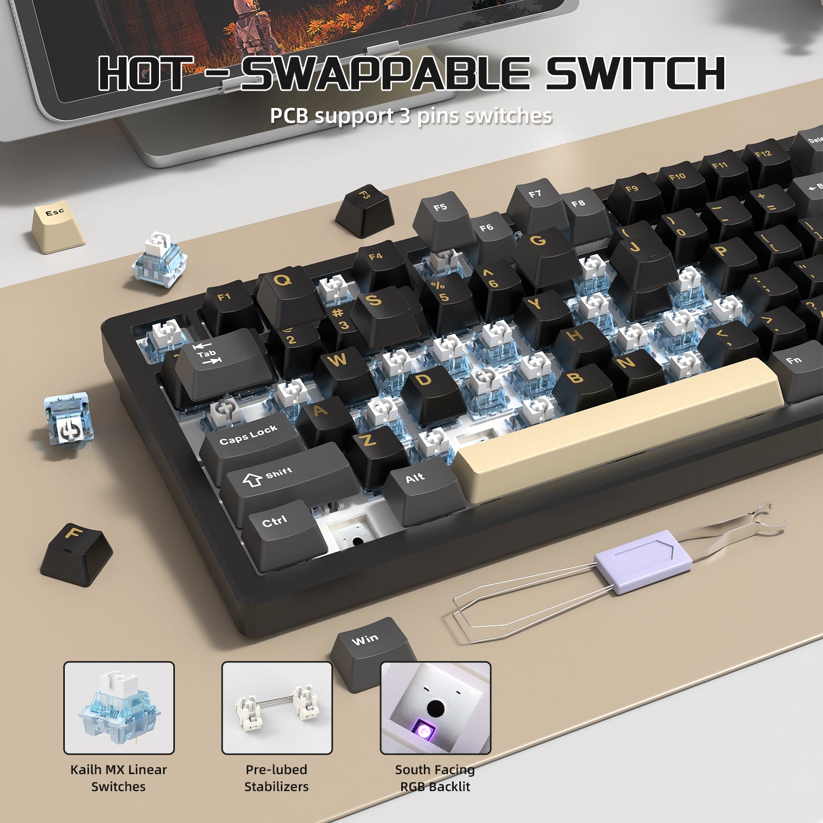 Hot-swappable switches of ATTACK SHARK X75 keyboard with Kalih MX and South Facing RGB.