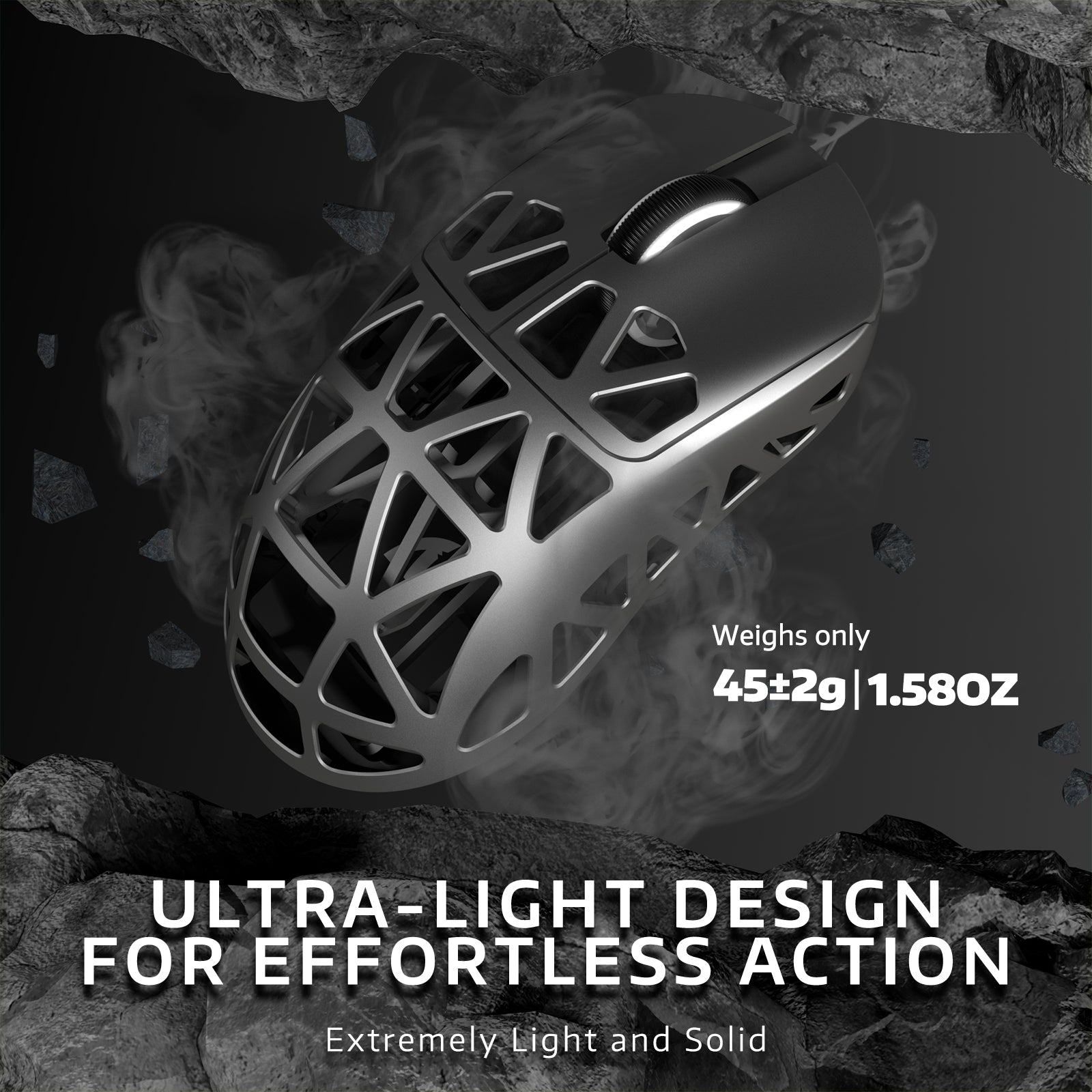 R2PRO Gaming Mouse highlighting ultra-light design at 45g for effortless gaming.