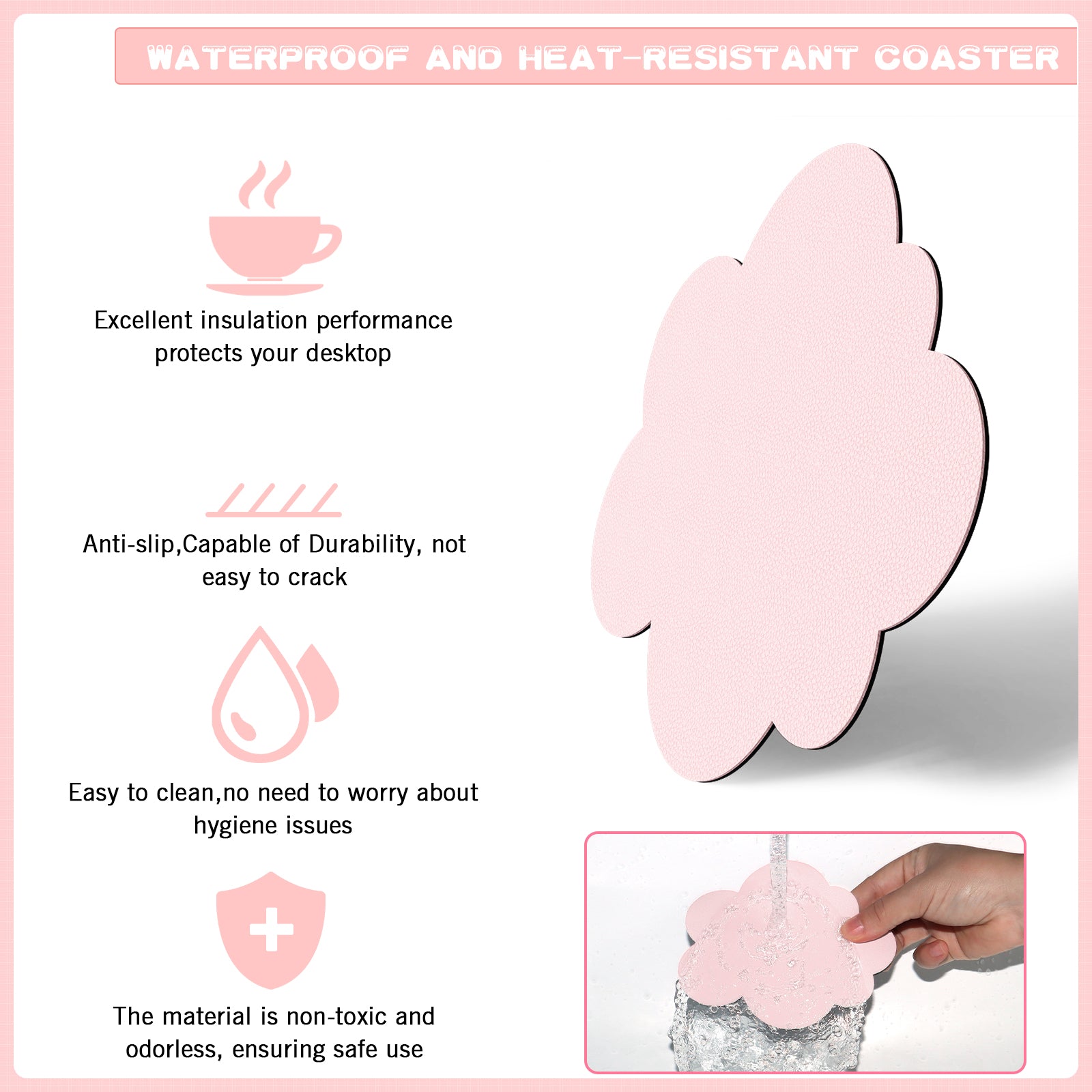 Pink cloud-shaped coaster showcasing waterproof and heat-resistant features.