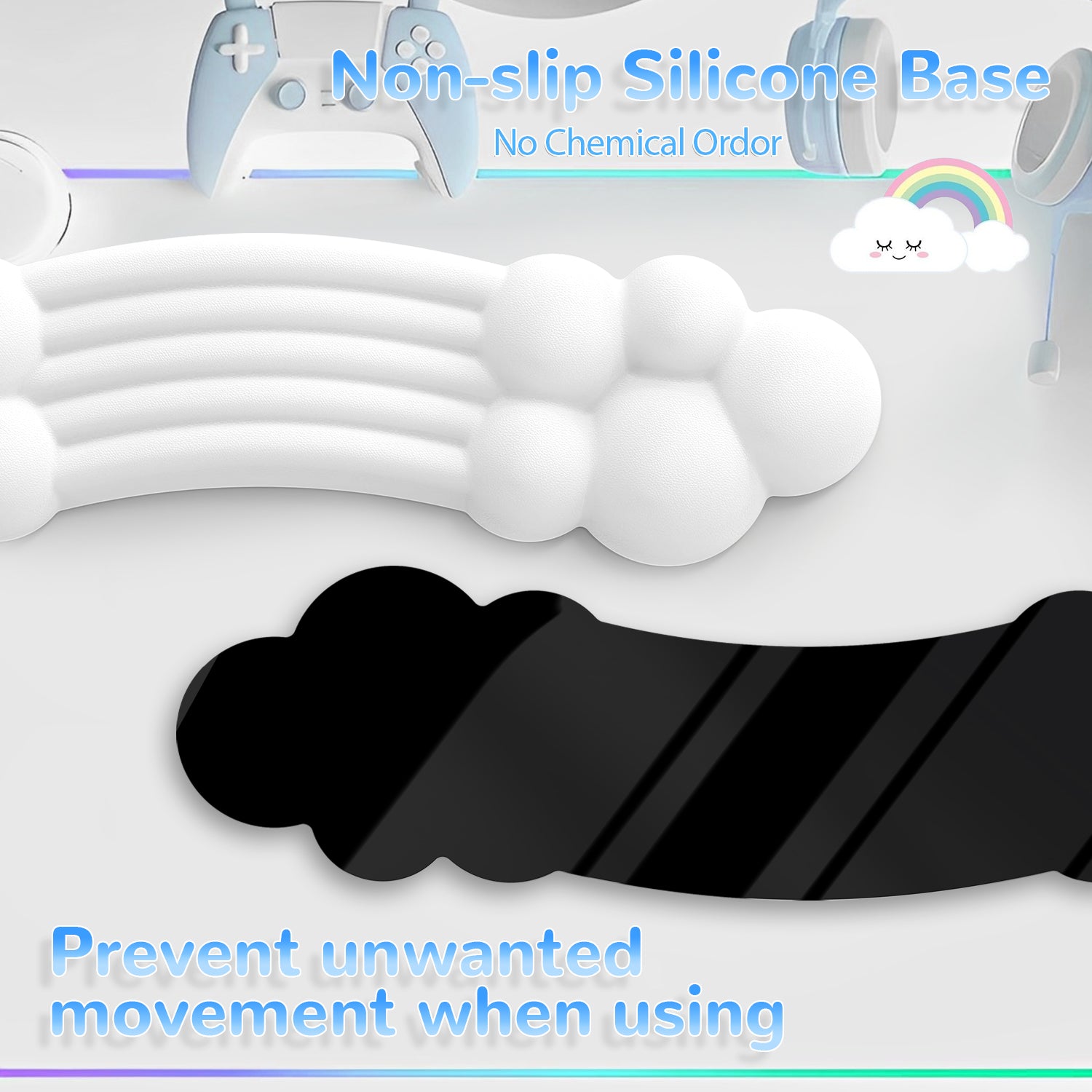 Non-slip silicone base of rainbow cloud wrist rest preventing unwanted movement during use.