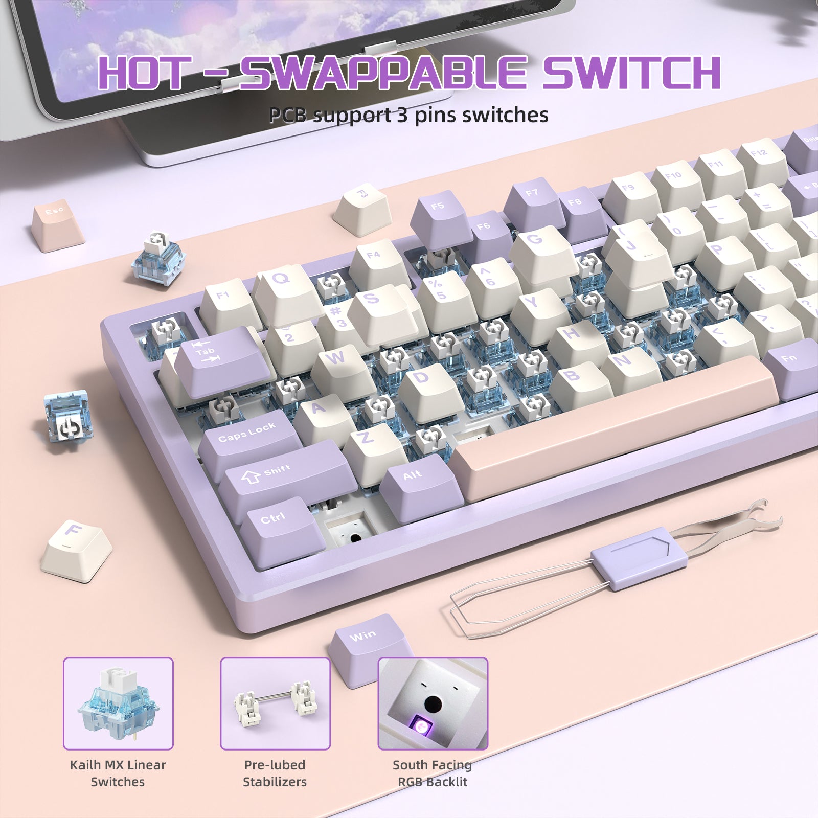 ATTACK SHARK X75 keyboard highlighting hot-swappable Kalih MX switches with pastel keycaps.