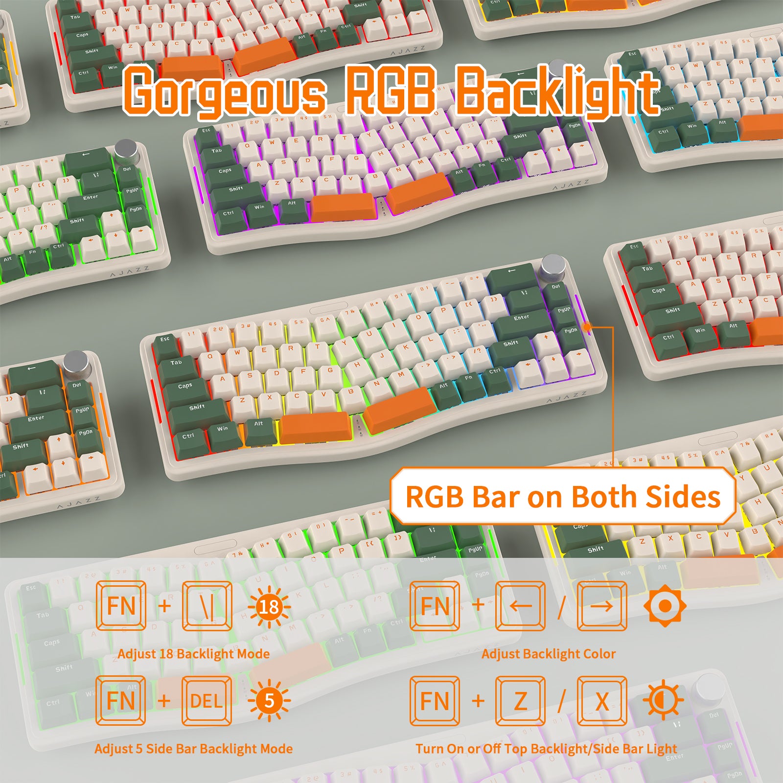 AKS068 Alice Mechanical Keyboard with vibrant RGB backlight and dual-side lighting controls.