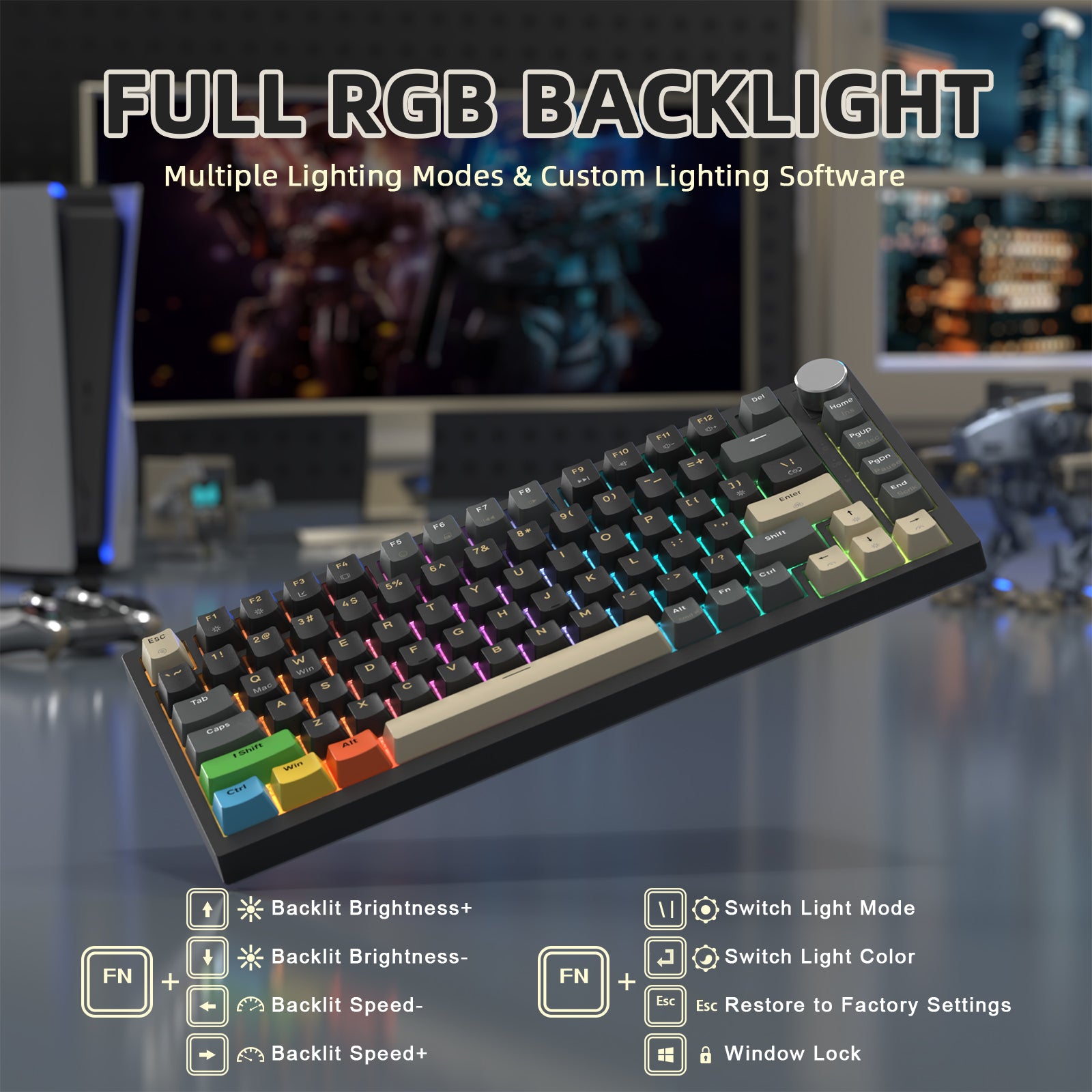 K85 keyboard featuring full RGB backlight with multiple lighting modes and customization options.