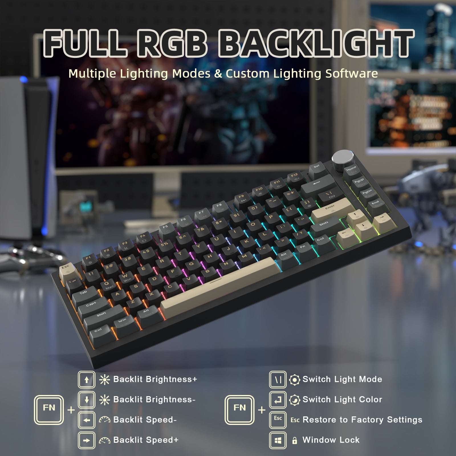 K85 keyboard showcasing RGB backlight and customizable lighting settings.