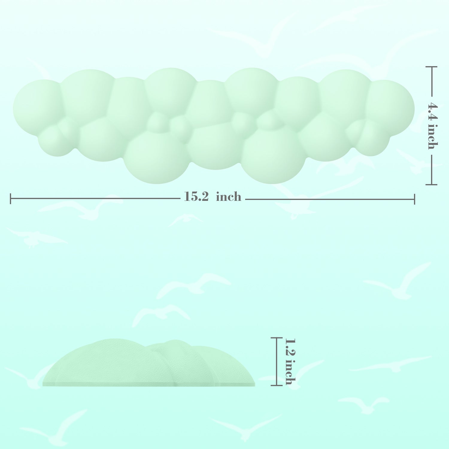 Cloud-shaped wrist rest dimensions 15.2x4.4x1.2 inches on a pastel background.