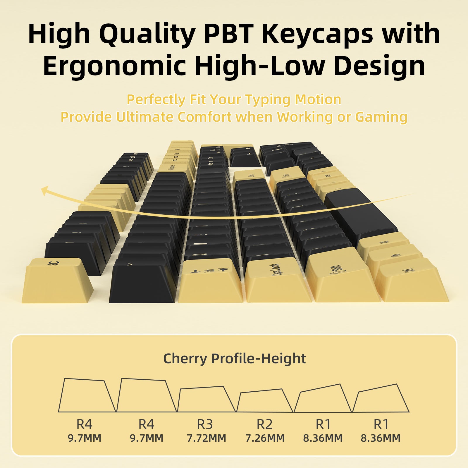 Black and gold ergonomic PBT keycaps with cherry profile height design for comfort.